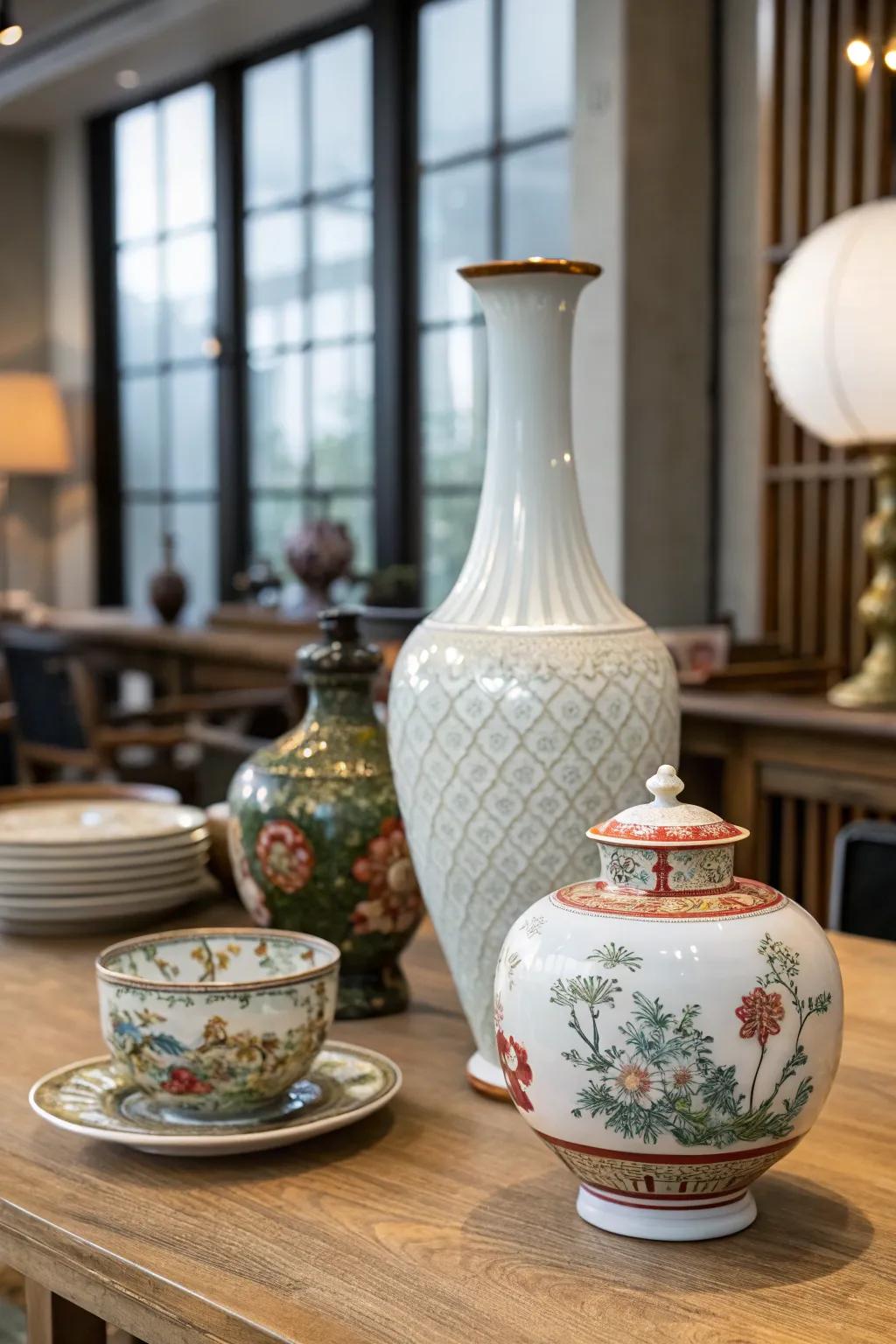A spirited mix of vintage and modern dishware pieces creating a unique display.