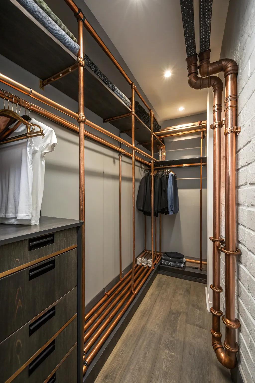 Unexpected materials like copper pipes add a chic, modern touch.
