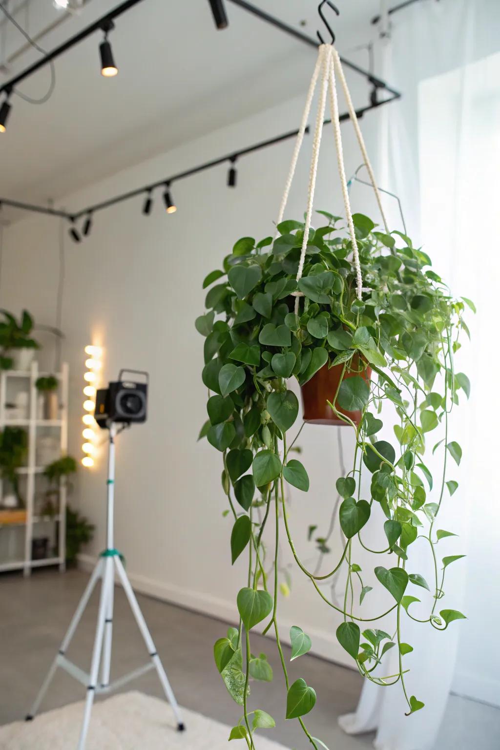 A creative space featuring a wax plant on a personalized wire support.