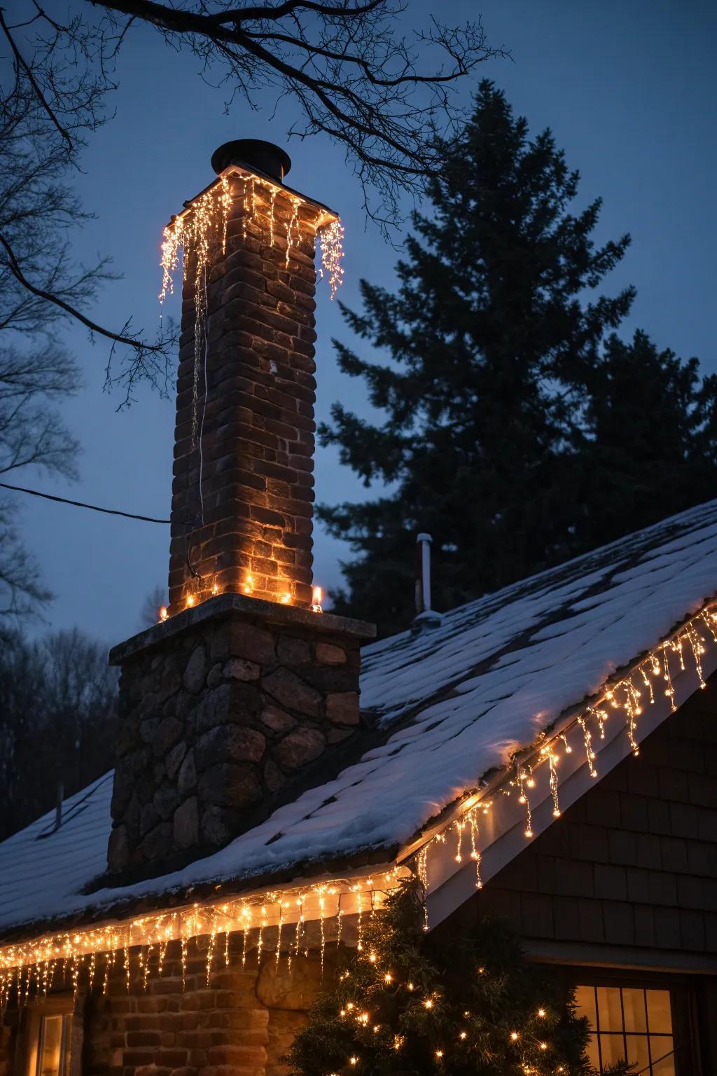 A chimney highlighted with glimmer strands, adding charm to the house.