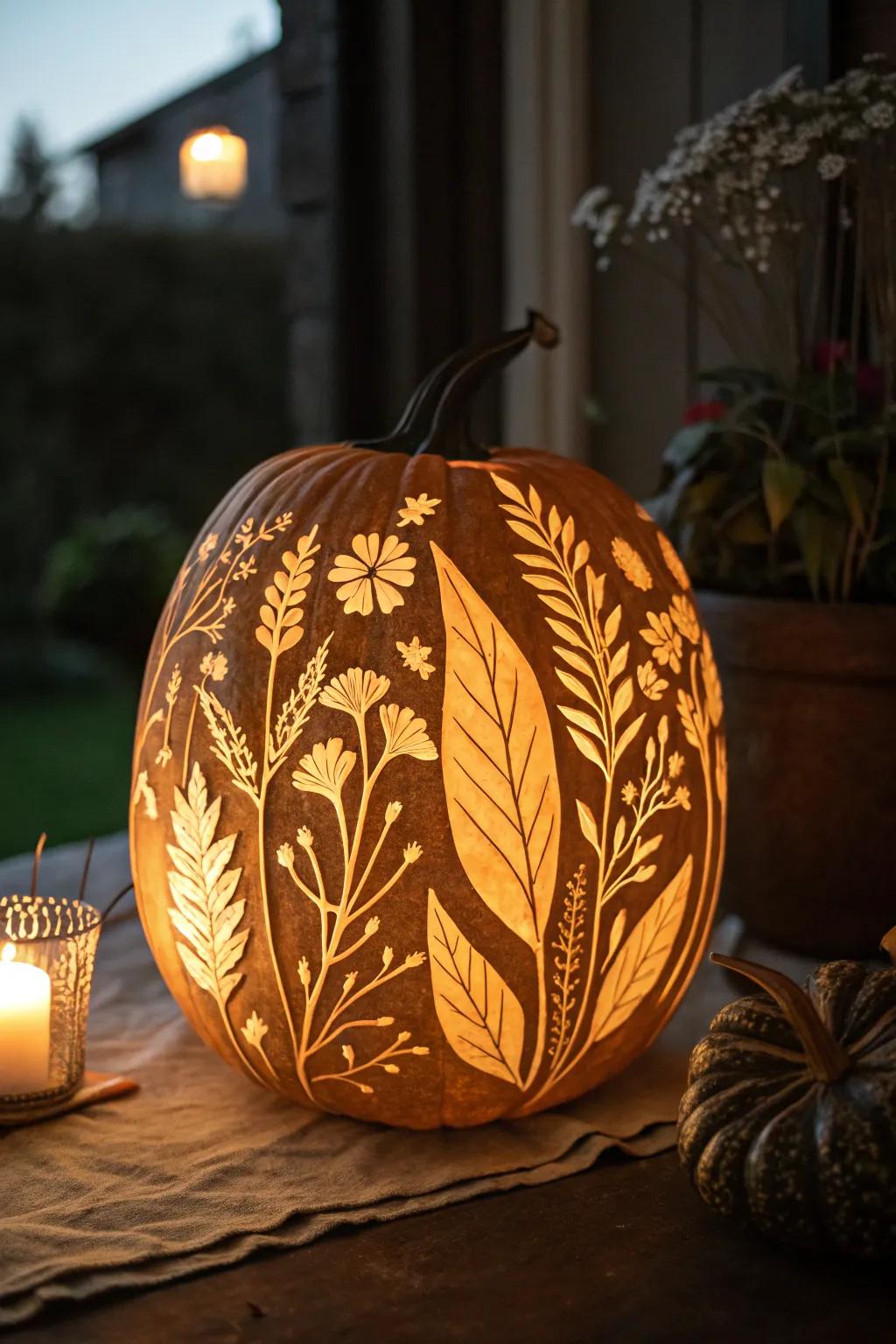 A pumpkin with floral carvings offering a delicate and nature-inspired design.
