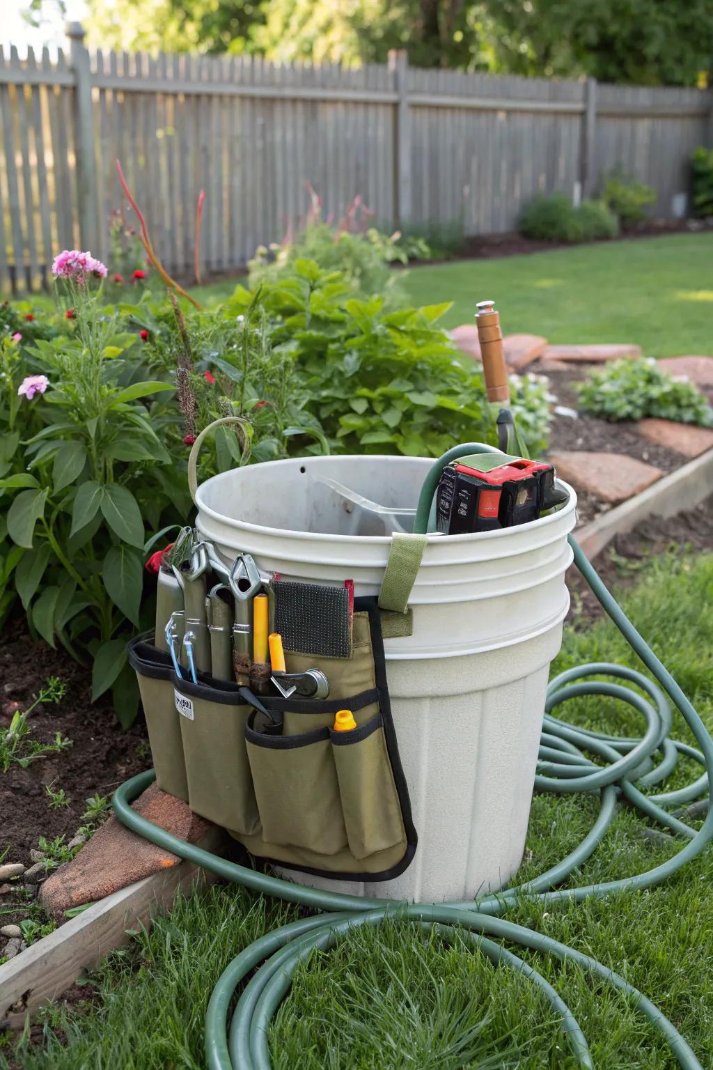 A bucket with tool attachments makes for a handy toolkit.