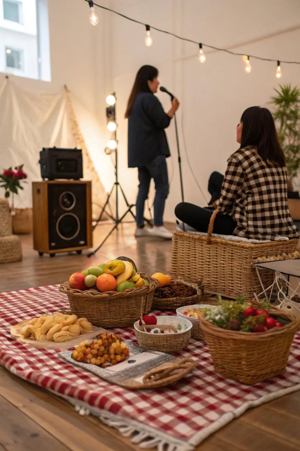 A custom playlist enhances the mood of the indoor picnic.