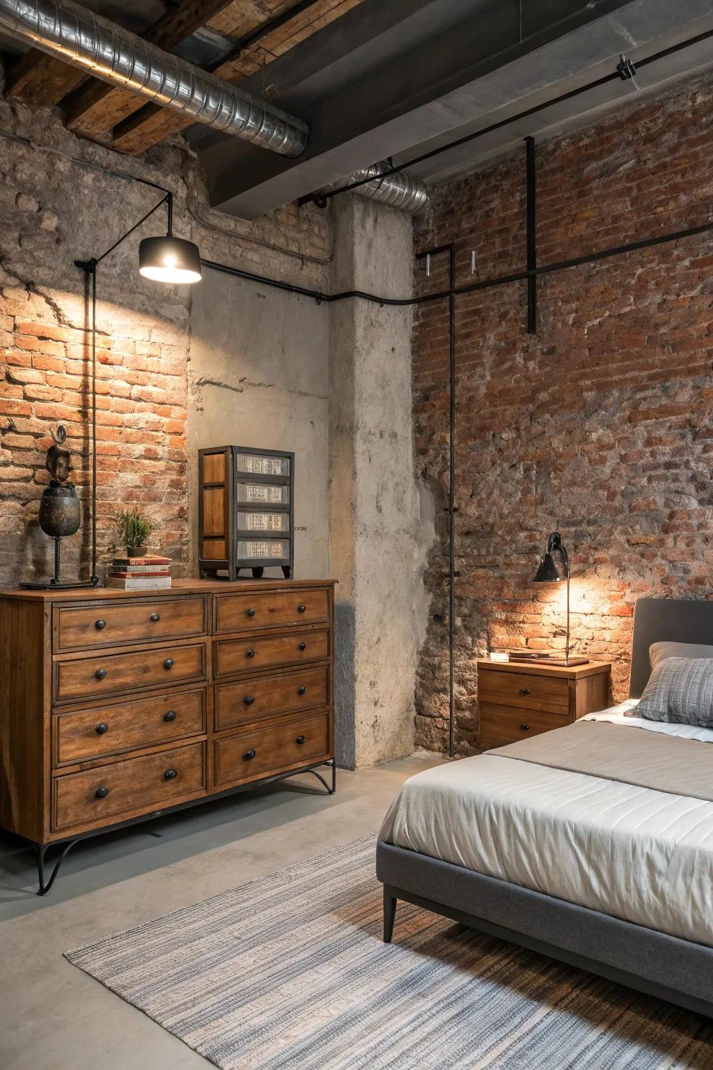 A blend of aged and contemporary components establishes a timeless appearance in this industrial sleeping area.