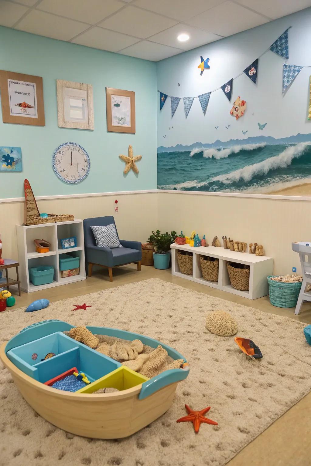 A serene coastal getaway classroom that delivers the ocean's calmness indoors.