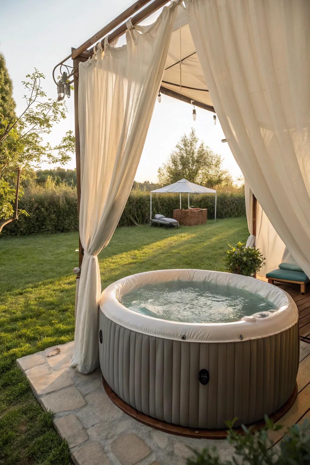 Drapes append flair and privacy to the bubbling tub area.