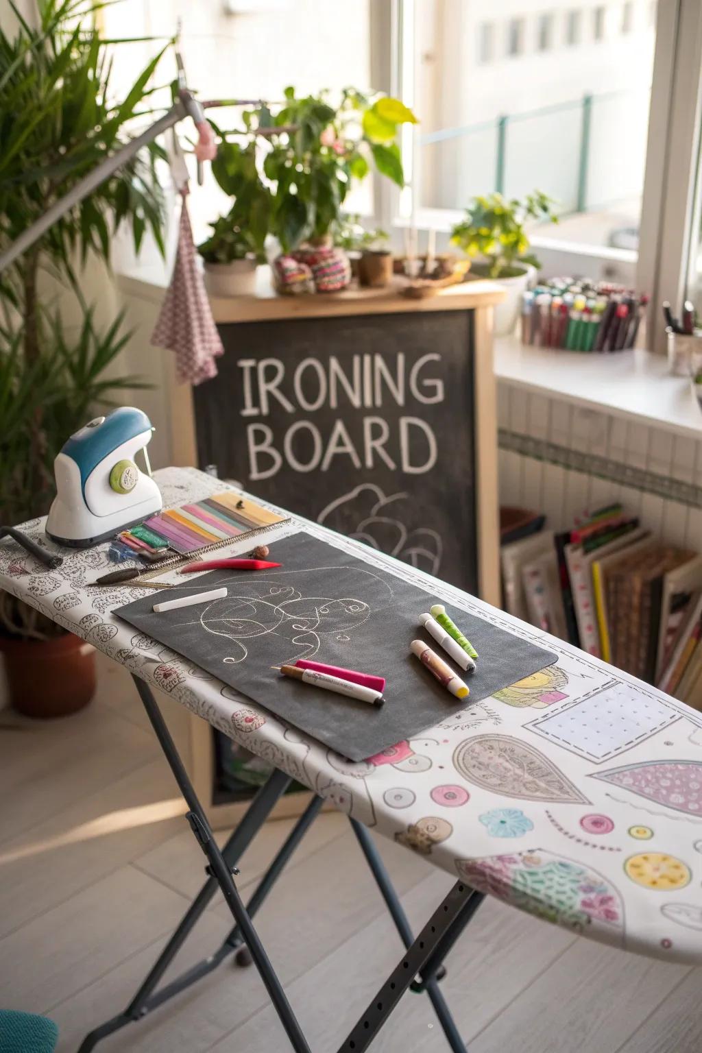 A pressing surface with a chalkboard surface for creative annotations.