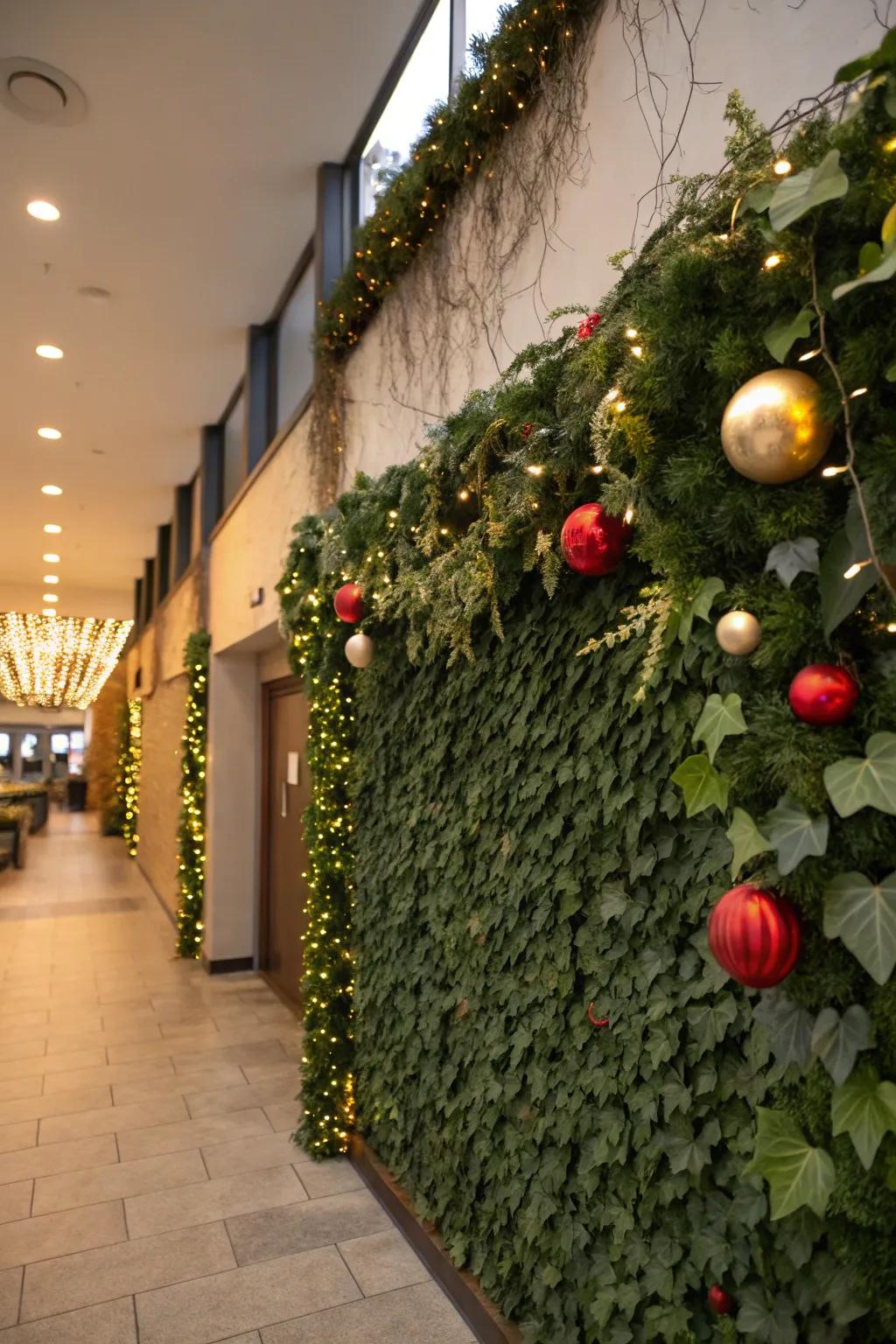 An ivy wall adorned with periodic decorations for a celebratory touch.