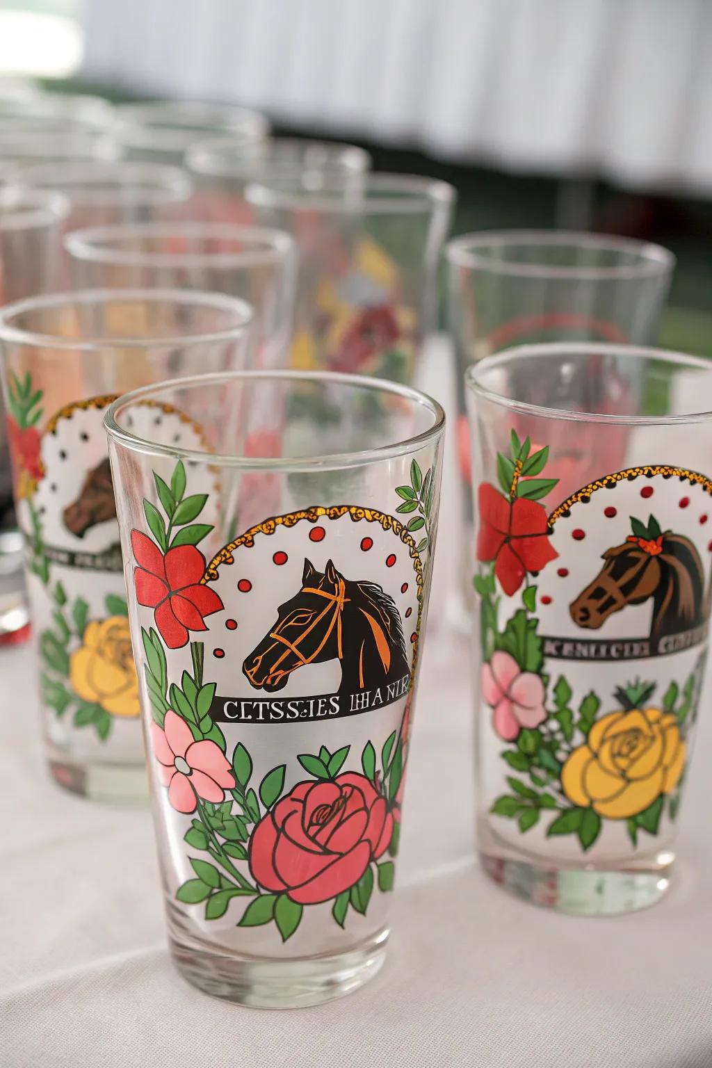 Elegant commemorative glasses make perfect Run for the Roses party favors.