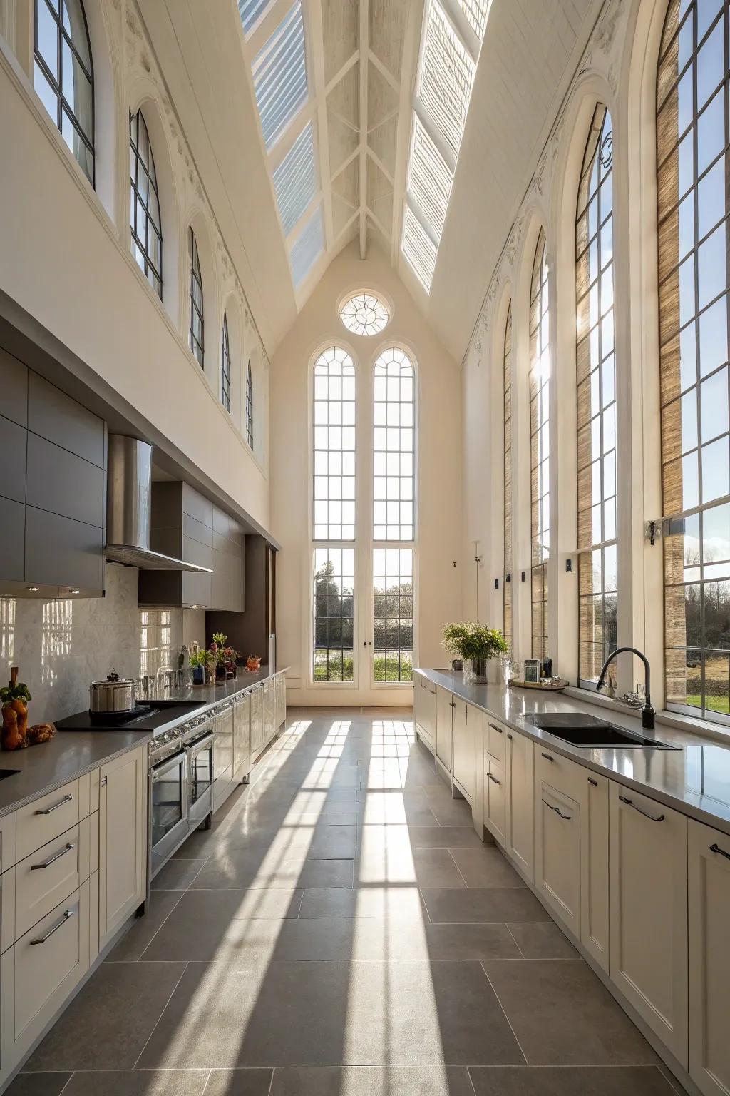 Tall windows maximize vertical space and bring generous natural light into the kitchen.