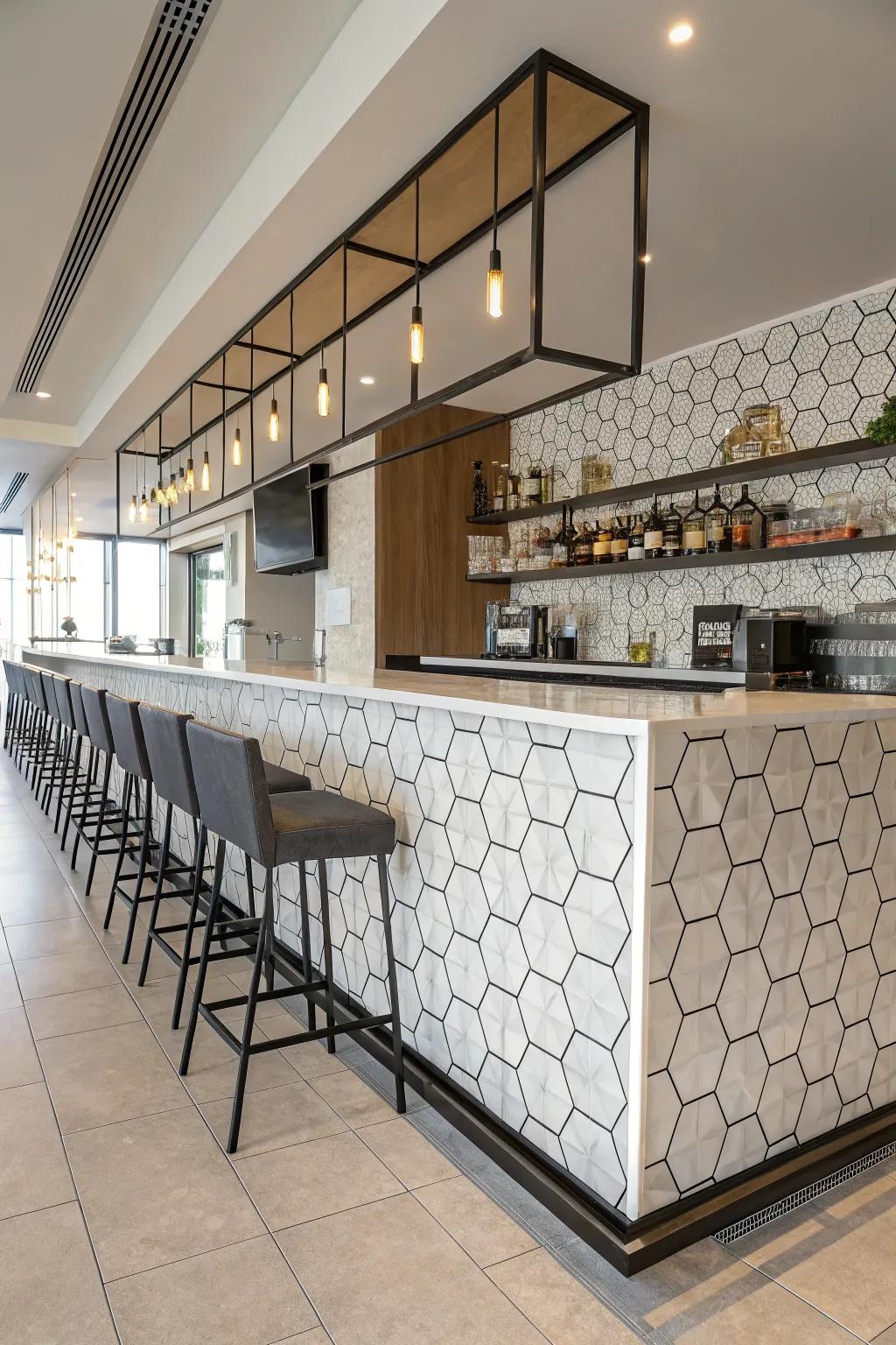Geometric arrangements inject contemporary flair into your kitchen bar.