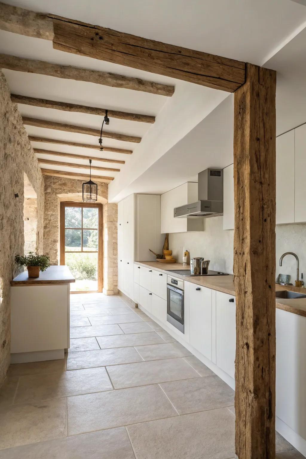 A single beam can offer subtle sophistication in a minimalist kitchen.