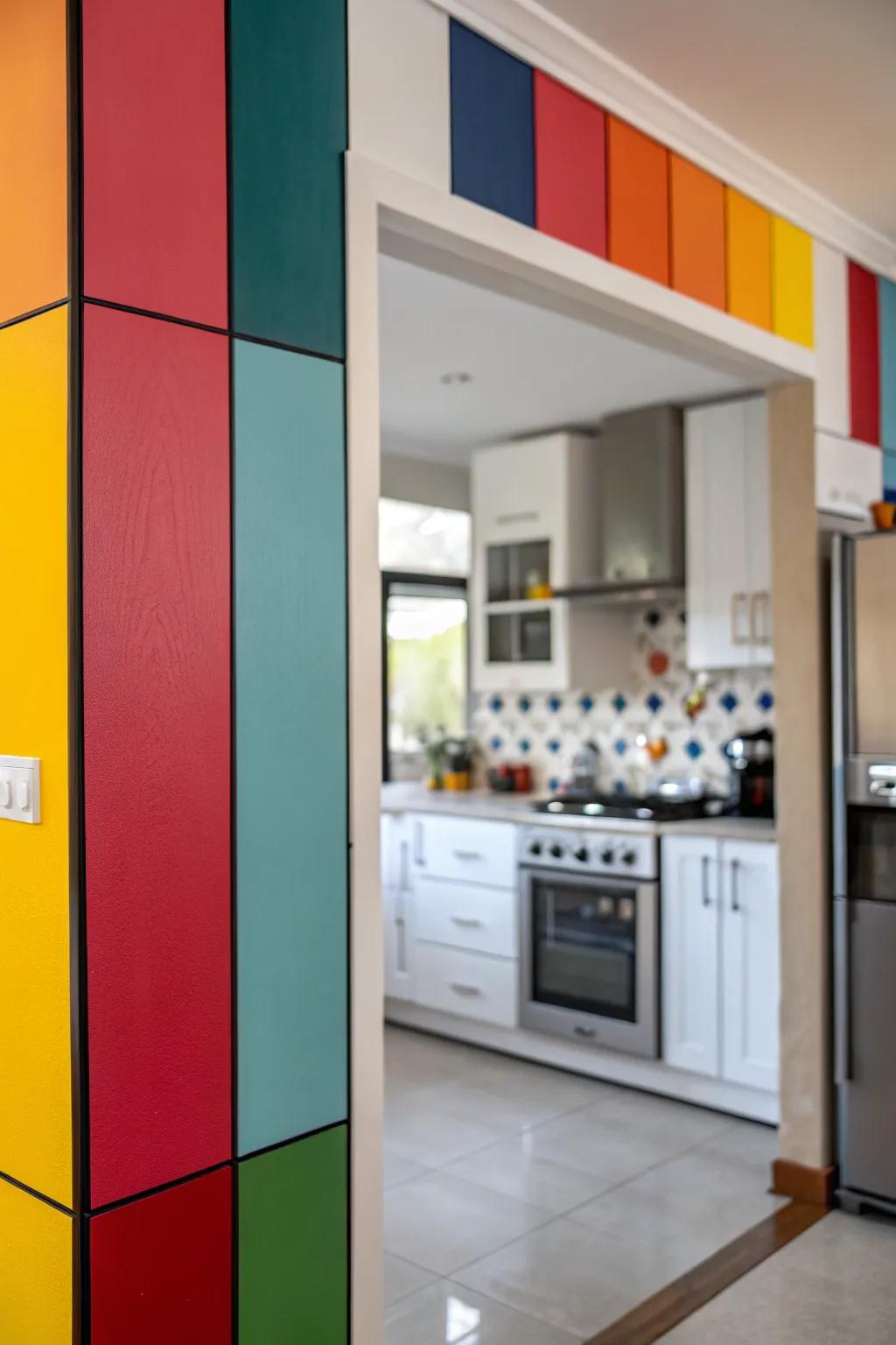 Audacious color segments establish an energetic focal point in your kitchen.