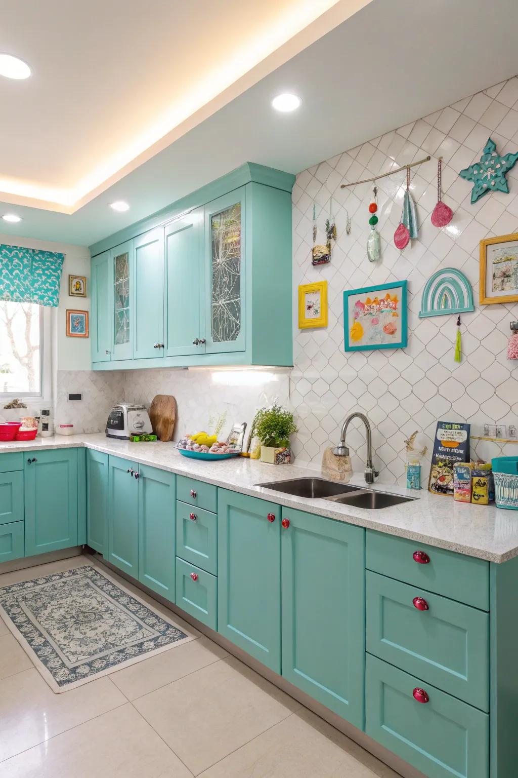 Teal finishes bring a lively and playful energy to the cooking area.