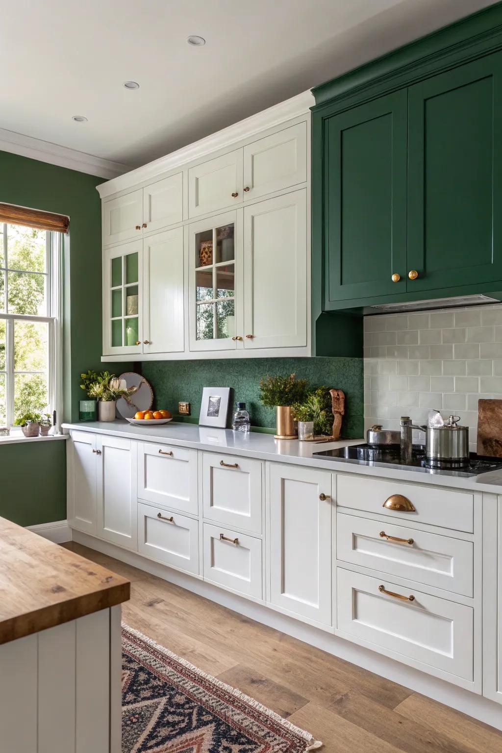 Evergreen walls provide a natural and grounding contrast.