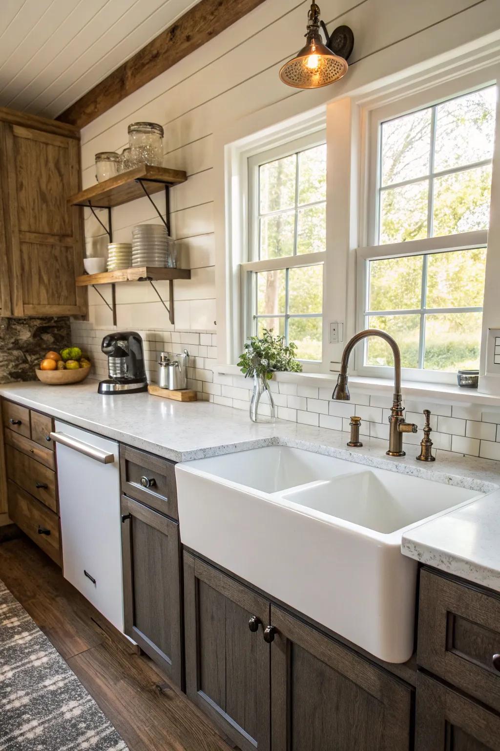 A farmhouse sink blends usefulness with rustic charm.