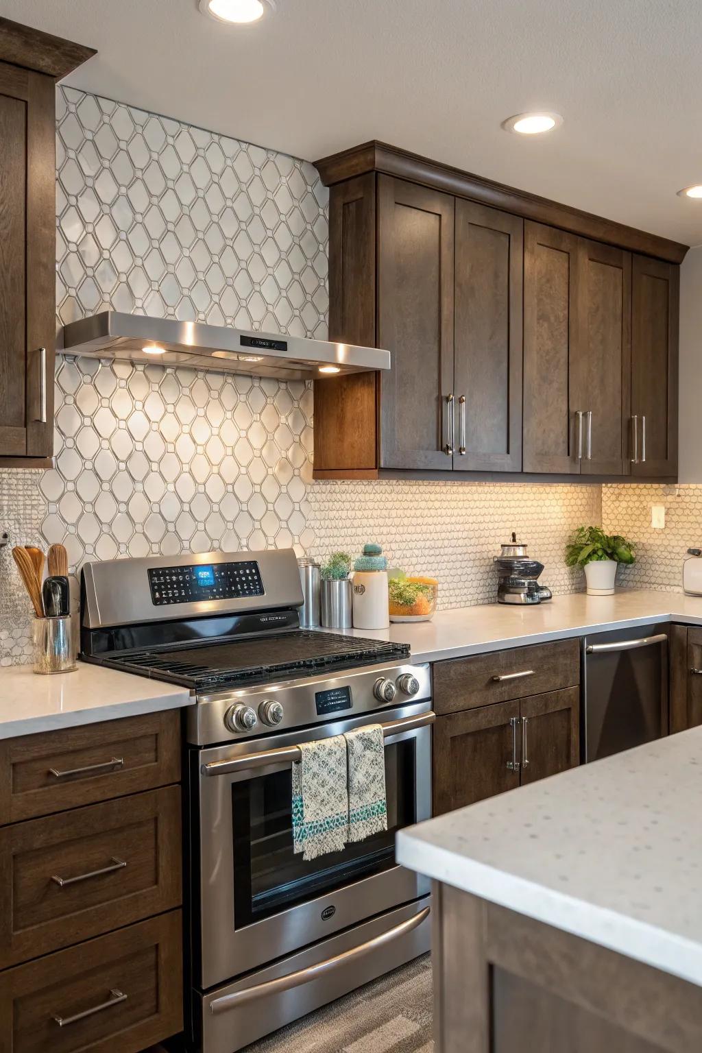 A textured backsplash adding personality to the kitchen.