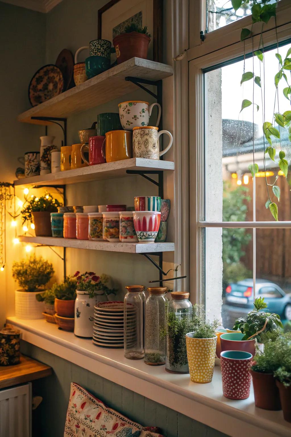 Varied decor transforms kitchen shelves into a bright and individual showcase.