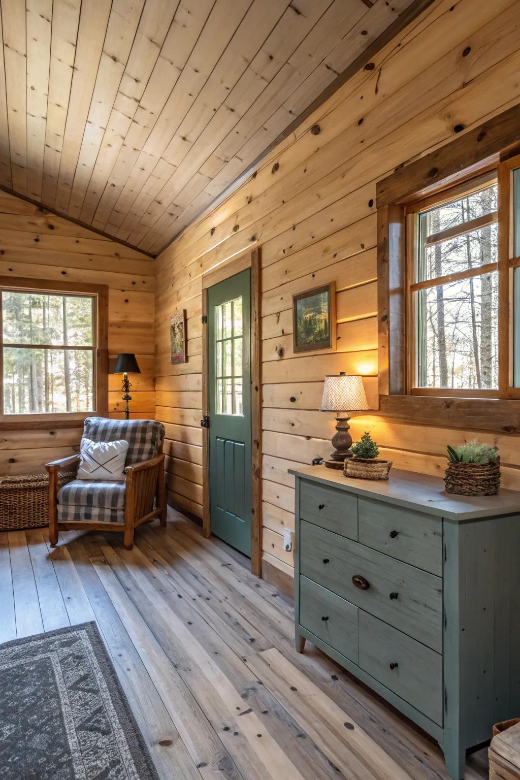 Colored sections adding a contemporary twist to pine paneled walls.