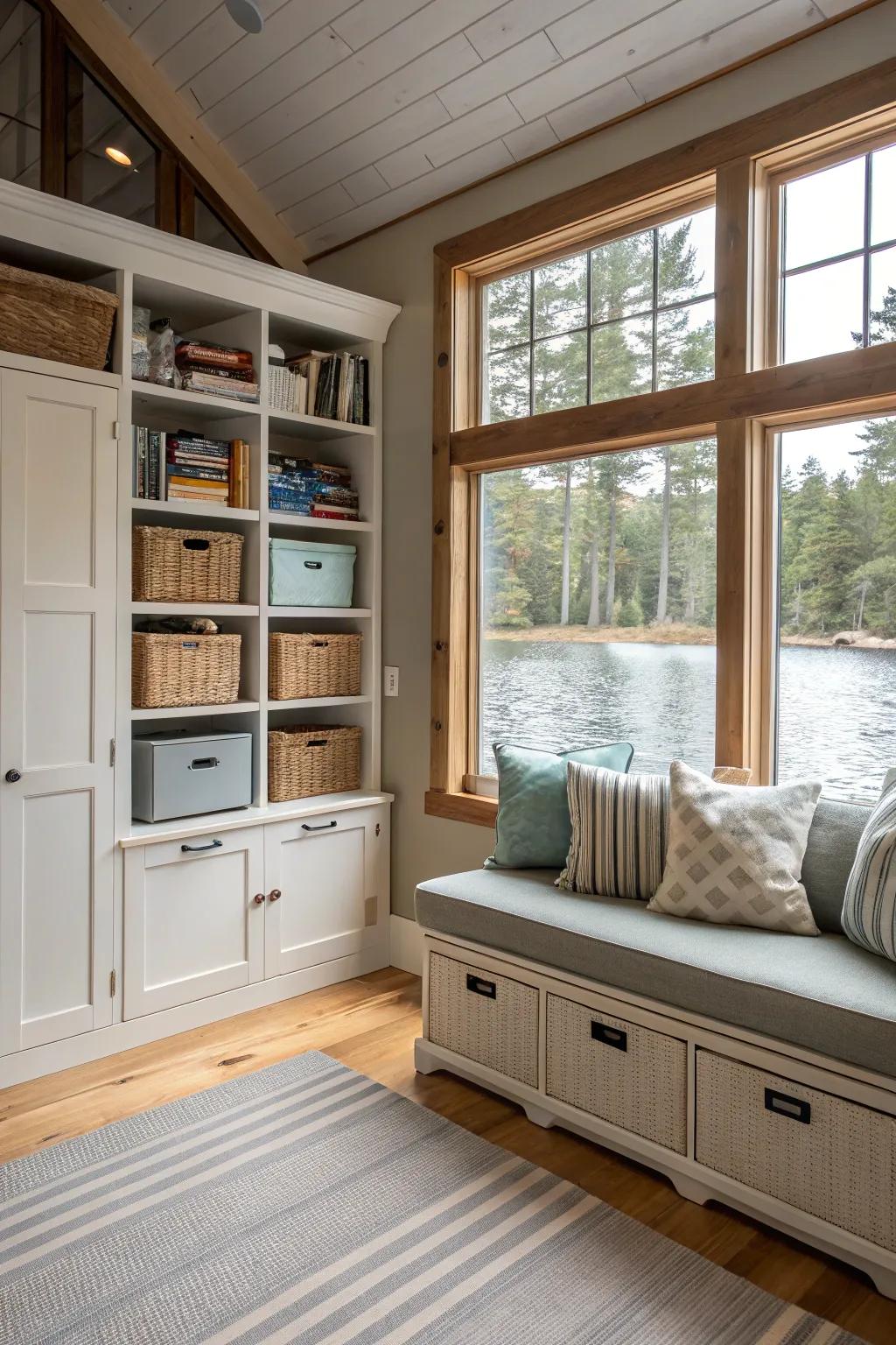 Clever storage solutions sustain a tidy and organized space.