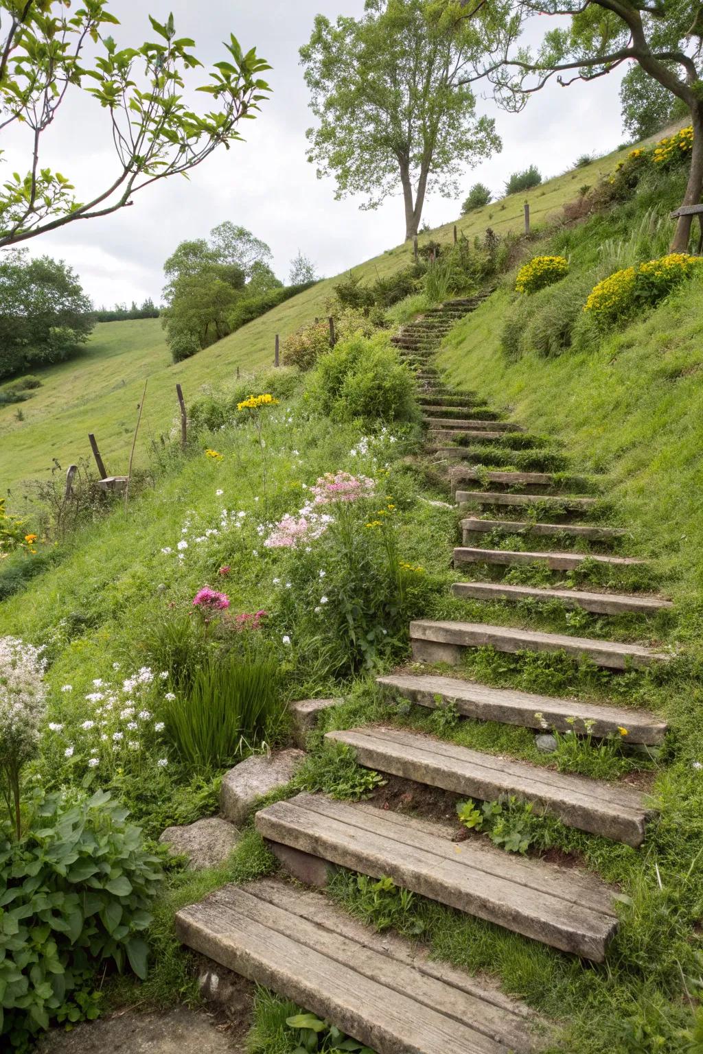 Timber steps provide a natural solution for changes in garden elevation.