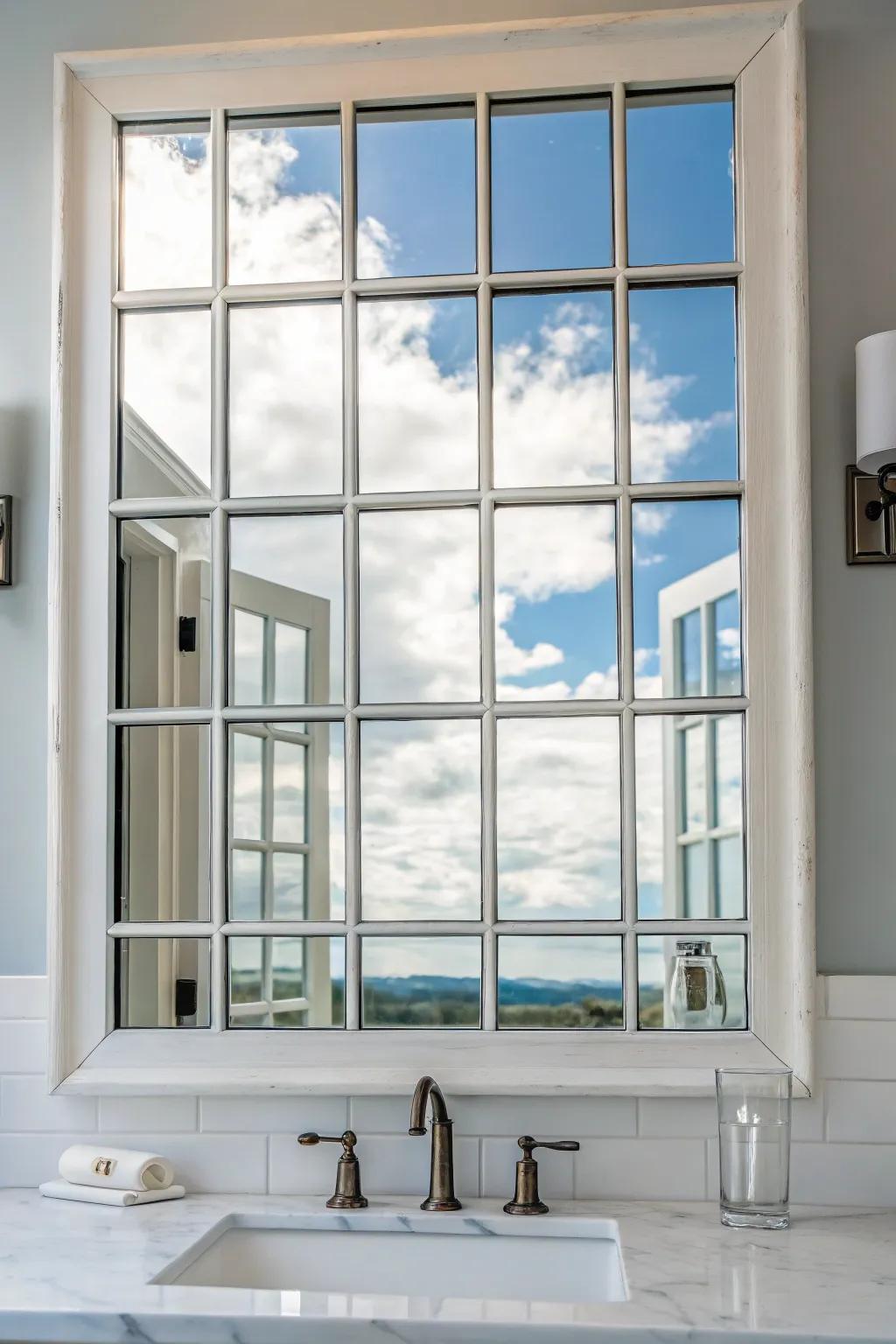 Simulated window designs make mirrors feel like architectural features.