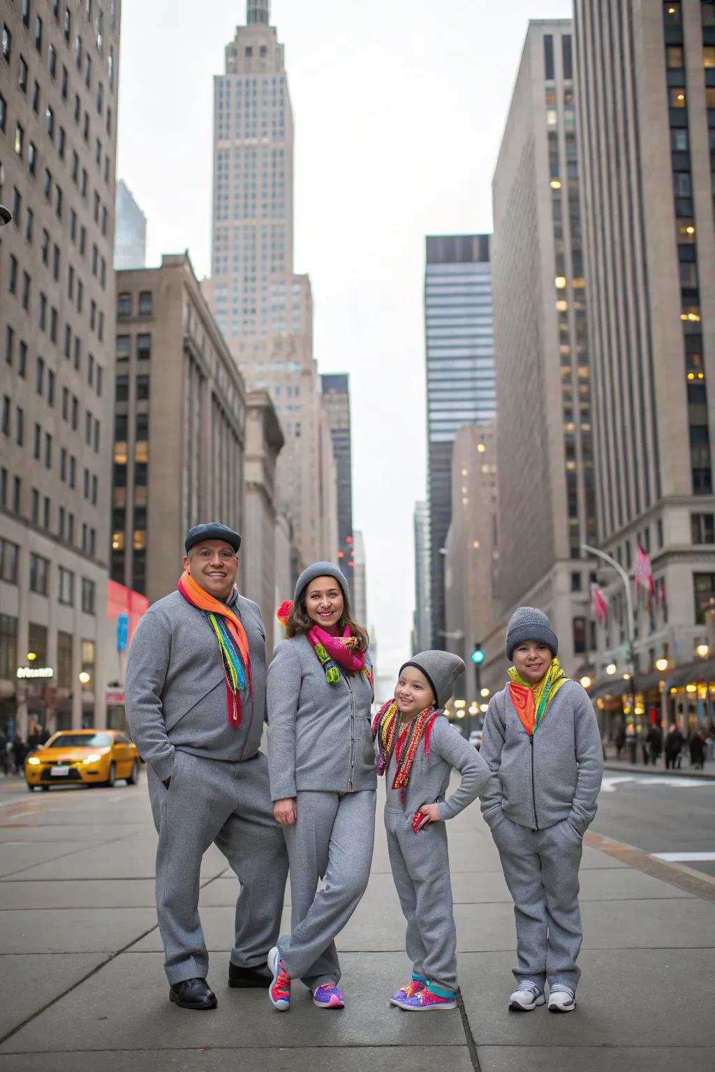 Urban stylishness with grays and bright accents suits a city backdrop.