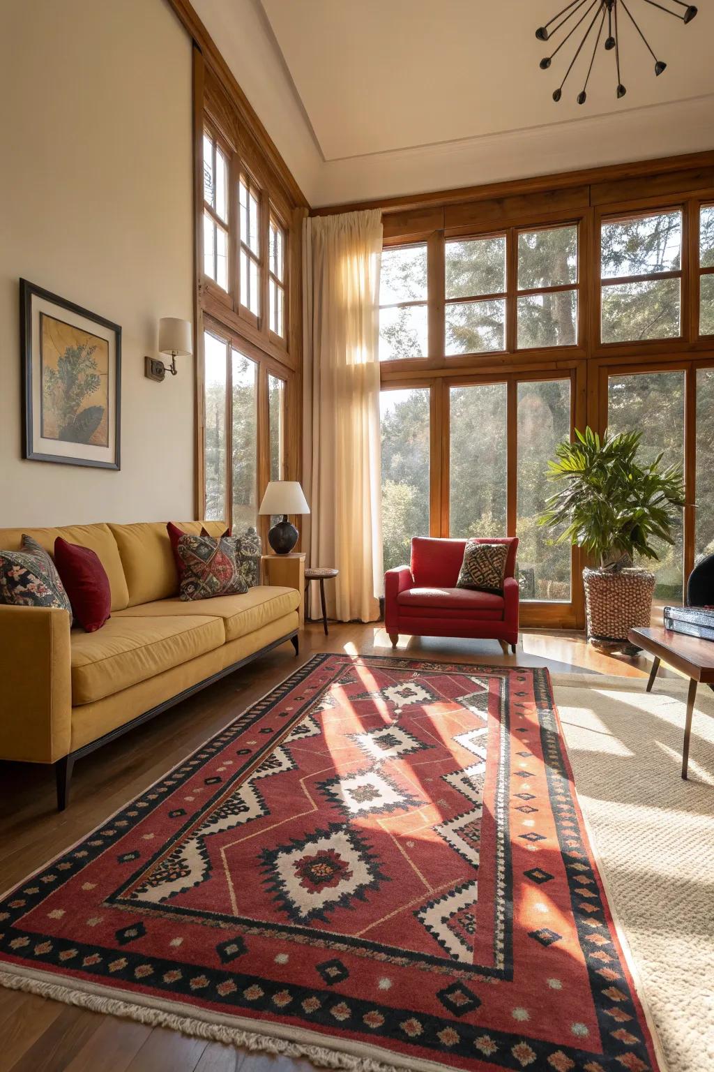 A daring floor covering imparting individuality and coziness to a space dominated by broad windows.