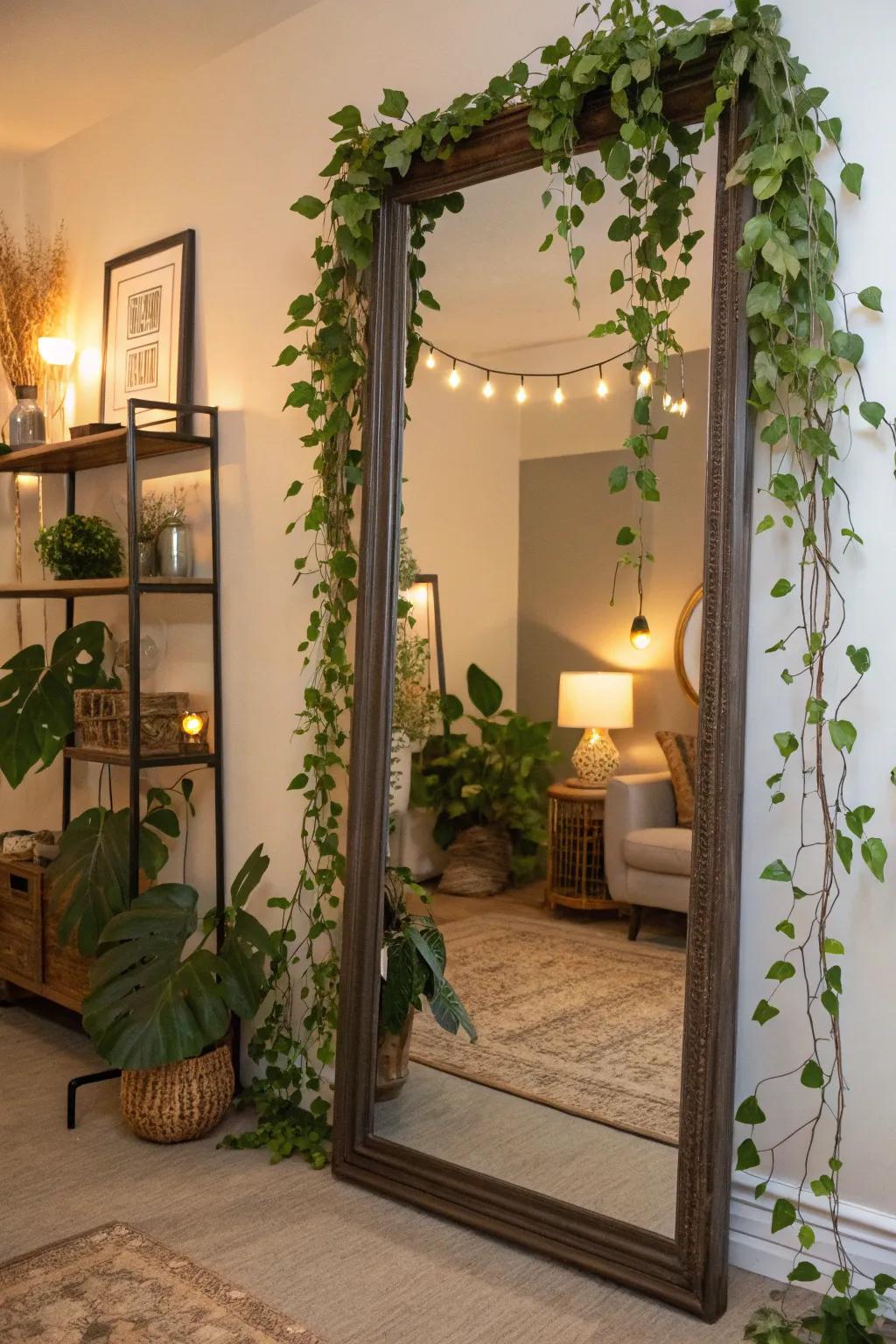 Trailing flora surrounding a reflector cultivate a lush, natural ambiance.