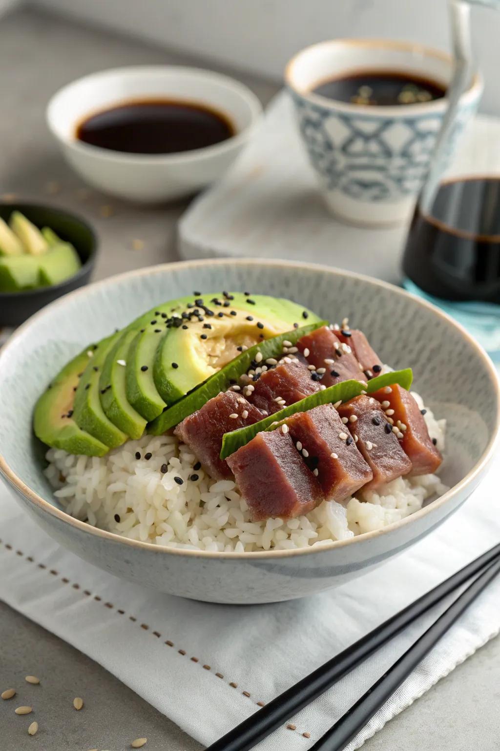 Tuna and avocado rice bowl, a delightful fusion of flavors.