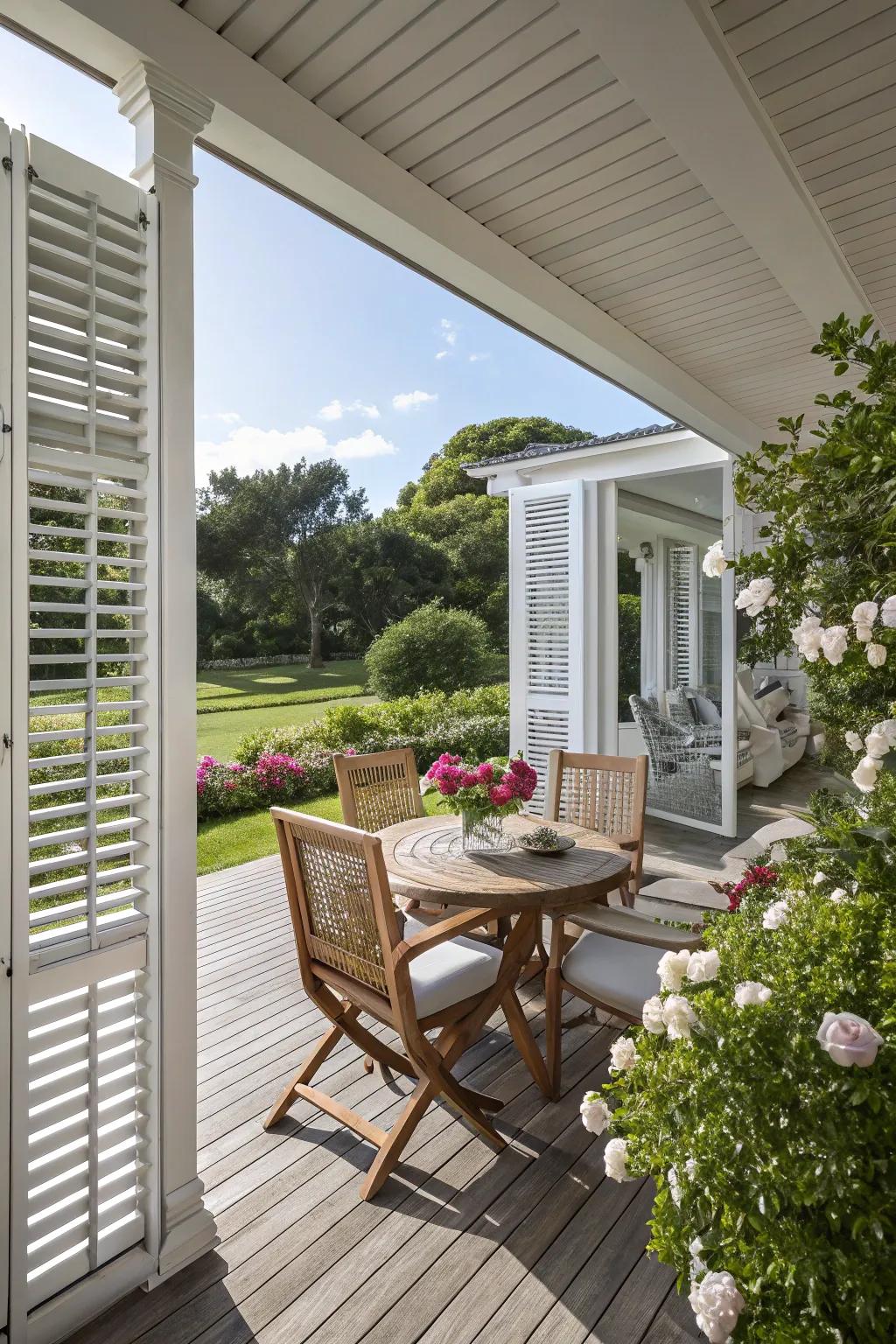 Window covering shutters add functional design to this charming outdoor deck.