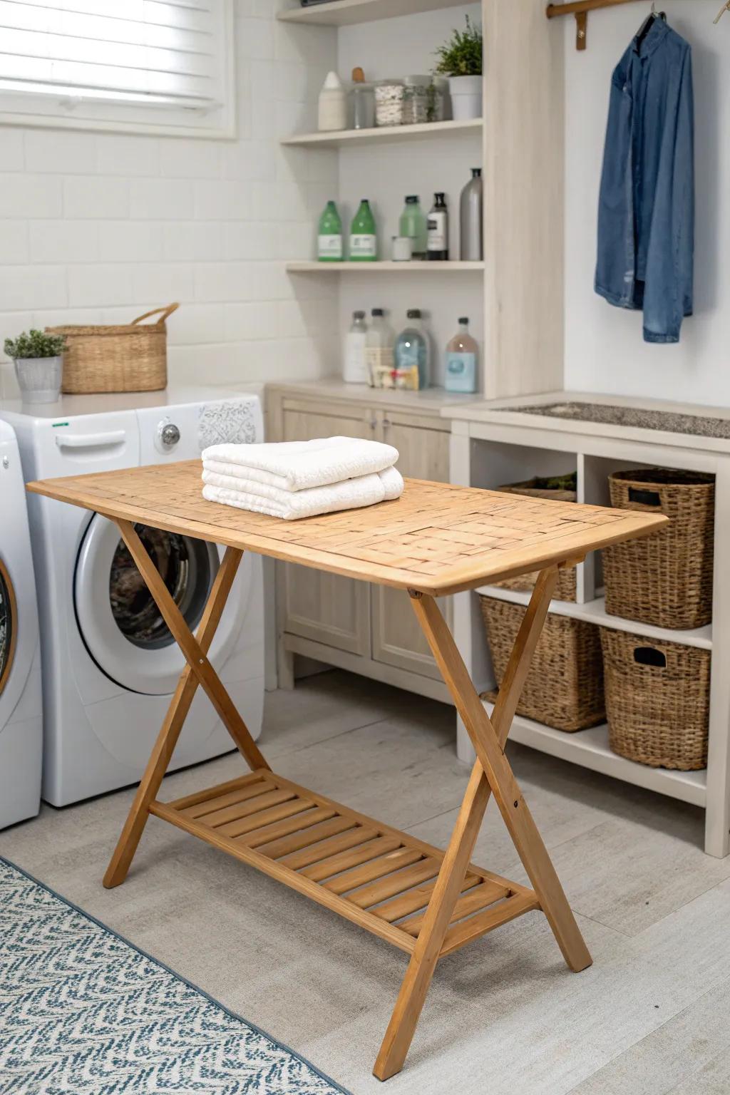 A bamboo table adds sustainability and style to the laundry area.