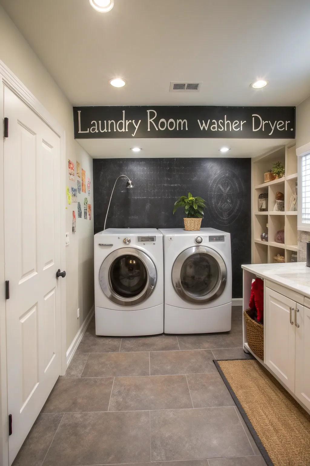 A chalkboard wall introduces a playful and practical touch.