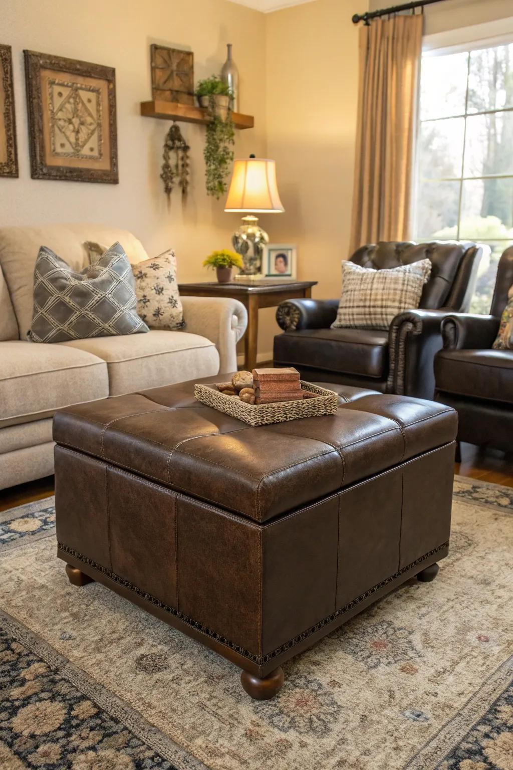 Multi-use ottomans provide seating and storage.