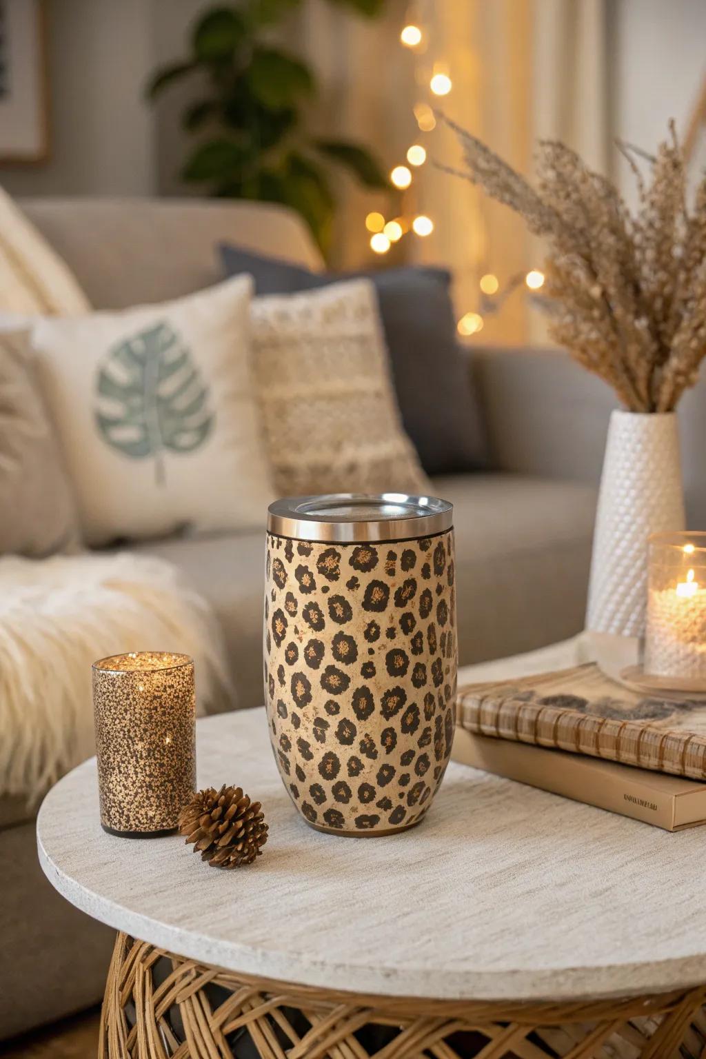 An earth-inspired animal pattern mug that complements muted household decor.