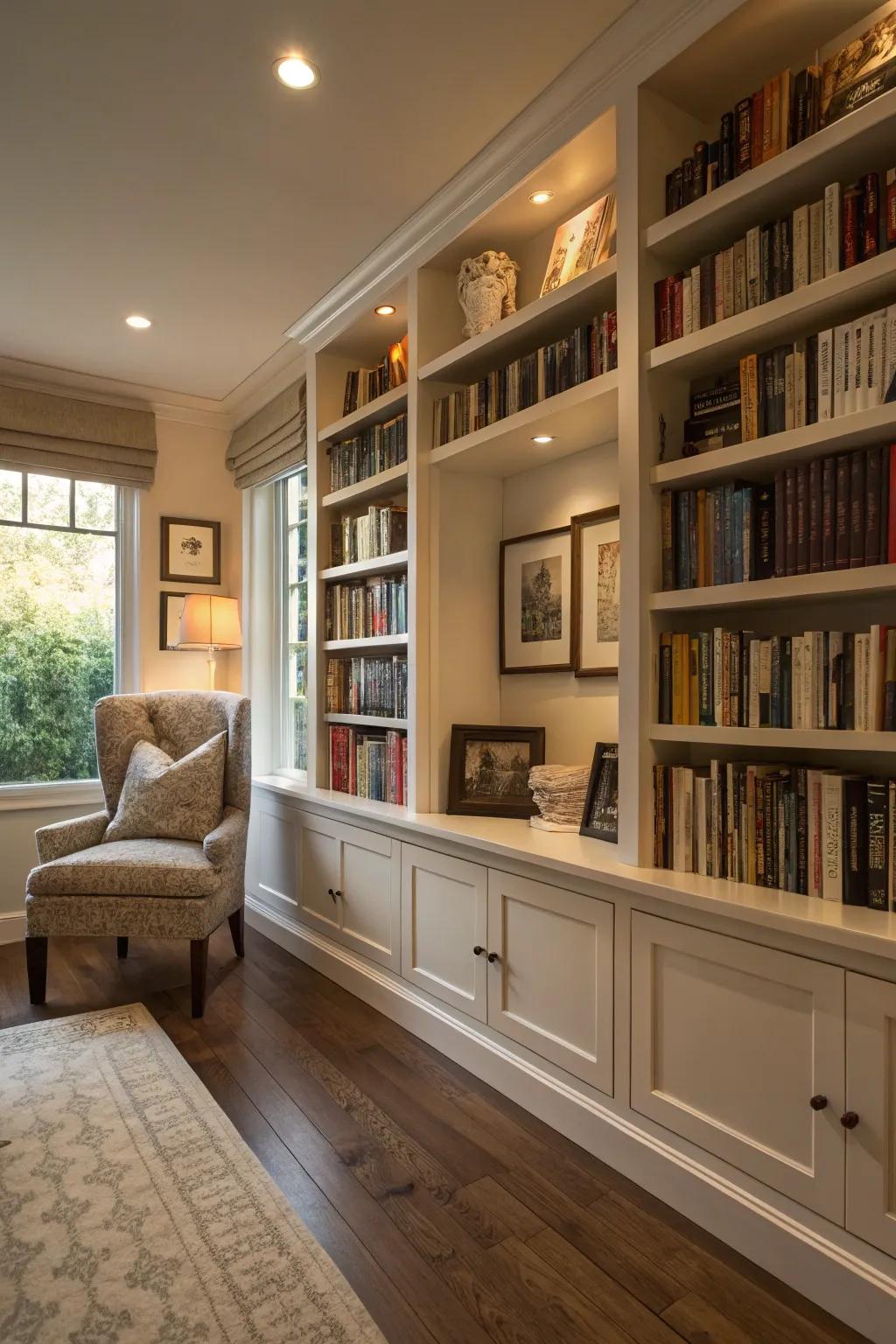 Built-in shelves providing a unified and integrated library design.