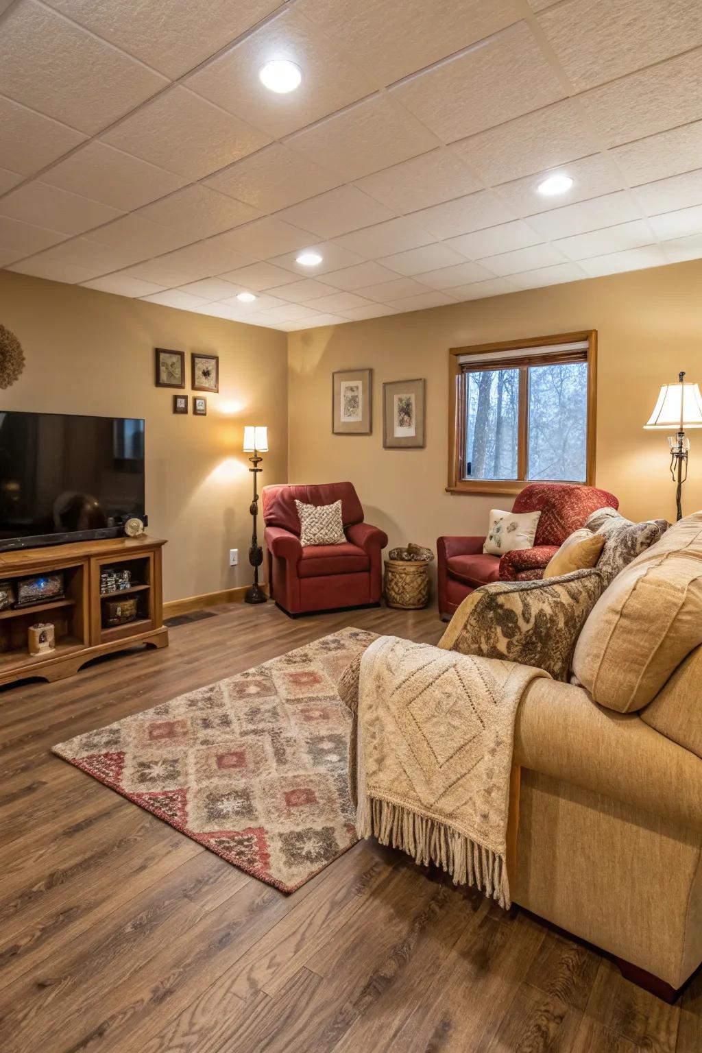 Light brown laminate flooring adds warmth to this cozy family room.