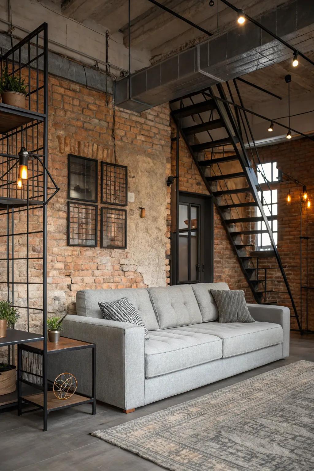 Urban aspects add an urban-chic ambiance to an arrangement centered around a light grey couch.