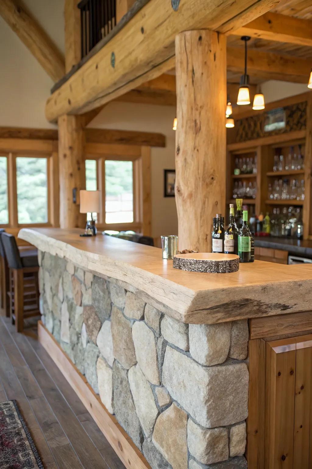 A natural-edge bar perfectly paired with stone features, enhancing its countryside appeal.