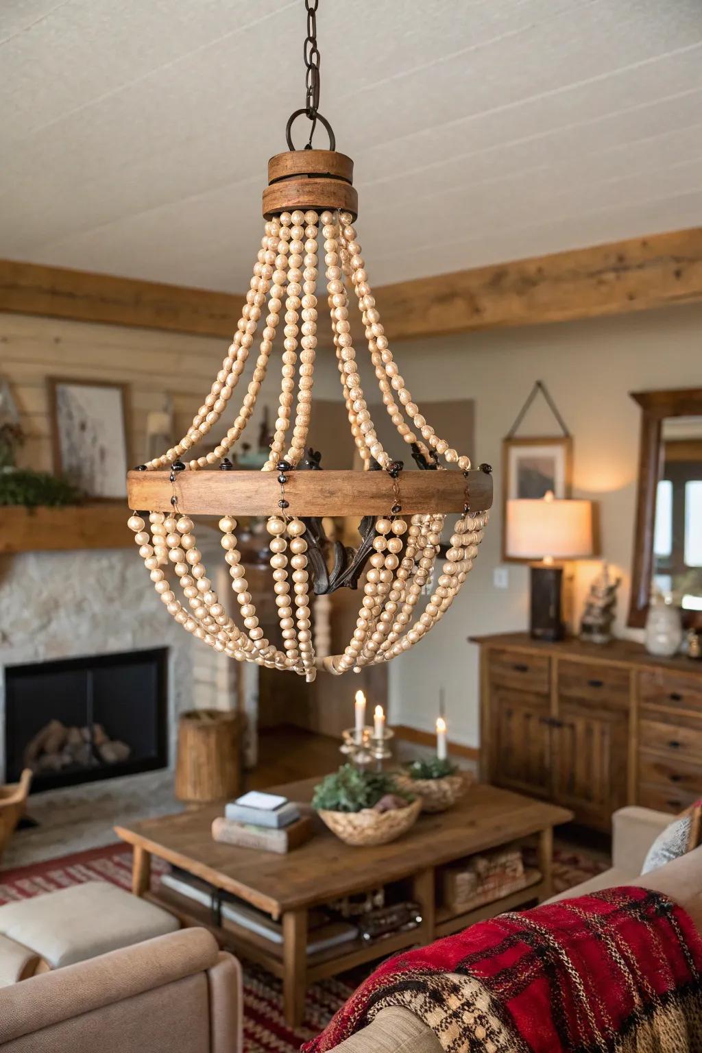 A living room presents a chandelier featuring wood beads for a whimsical touch.