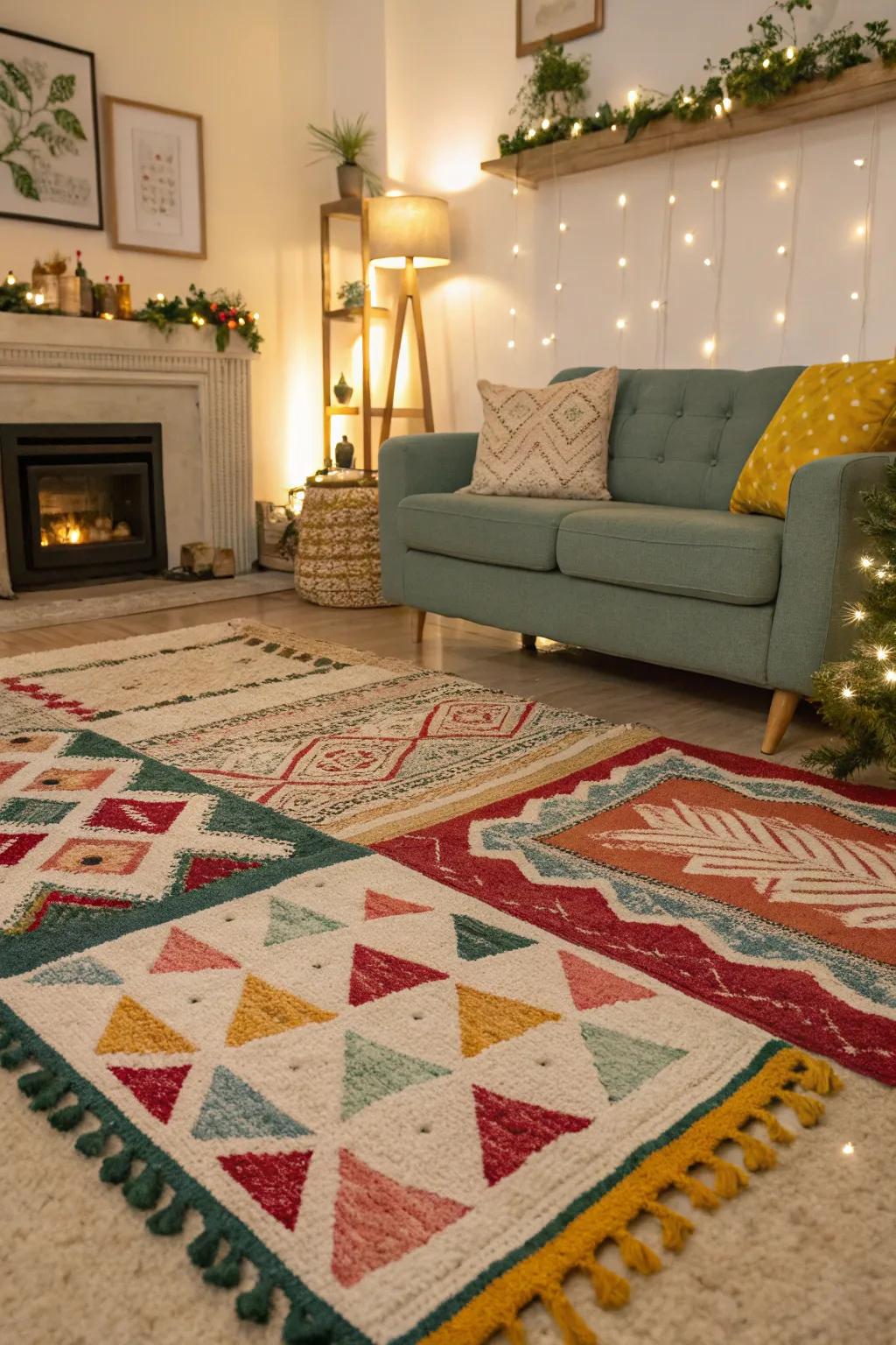 Layered floor textiles in celebratory tones introduce dimension and coziness to your living space.