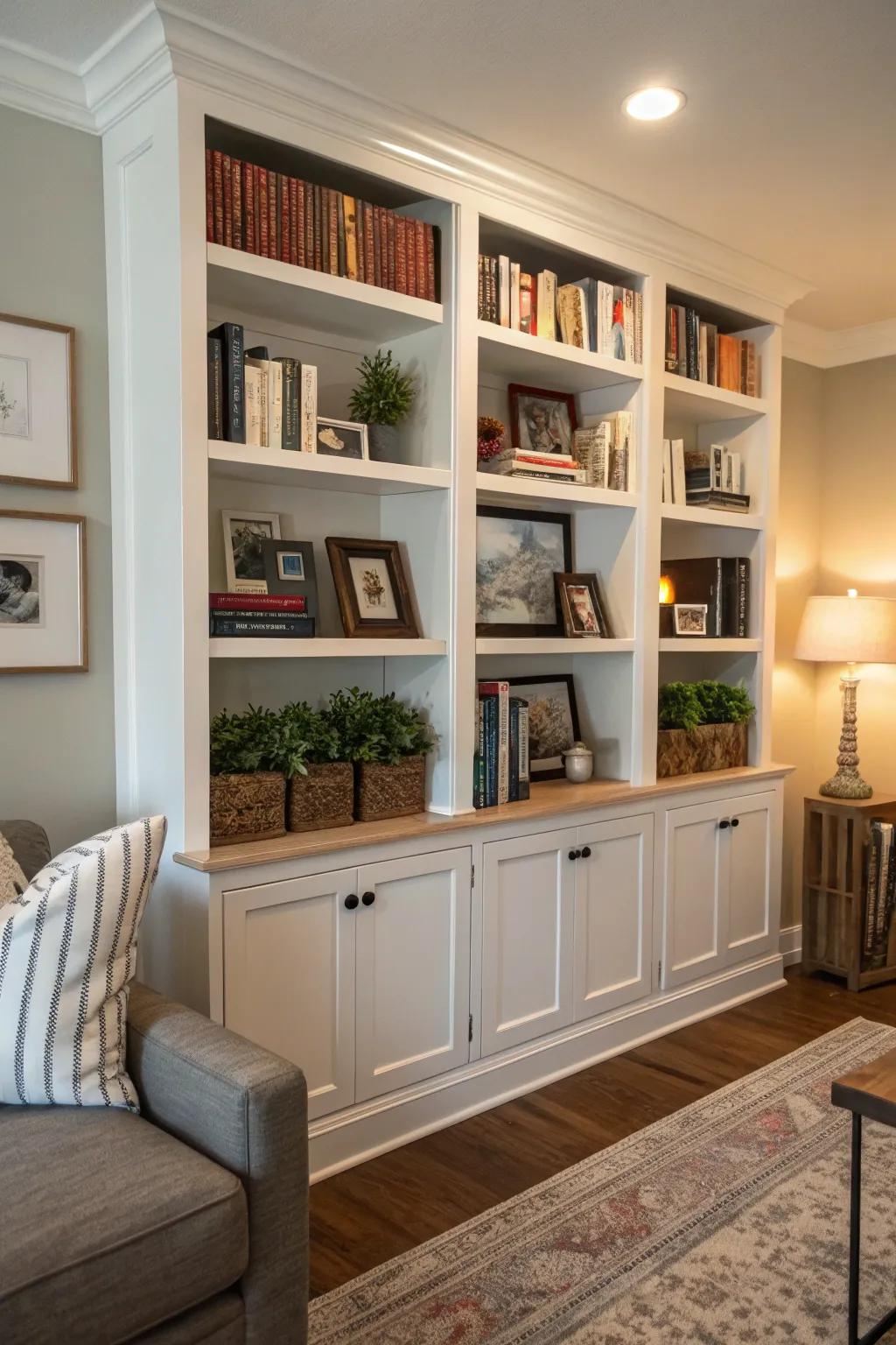 Built-in bookcases can enhance storage and style in a corner.