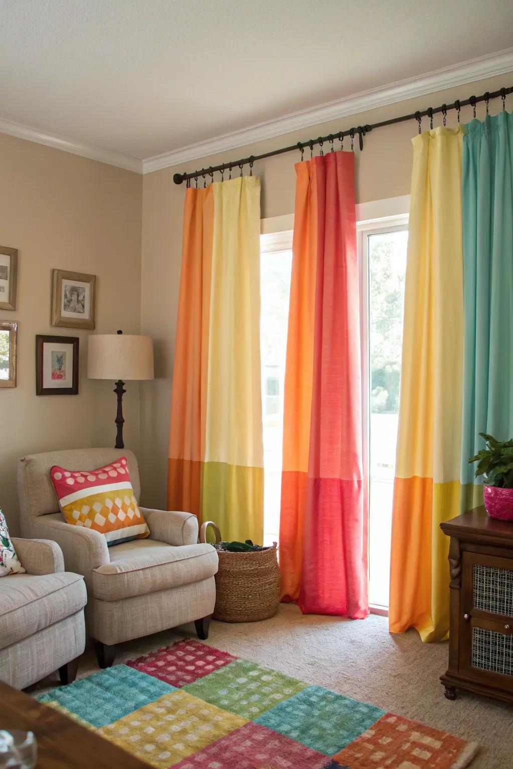 Adding bright drapes can refresh your living room with a splash of color.