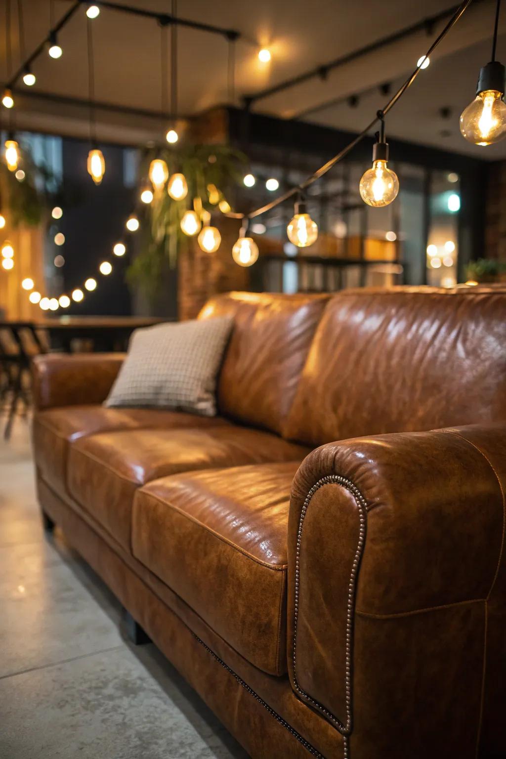 Accent lighting highlights the couch's features.
