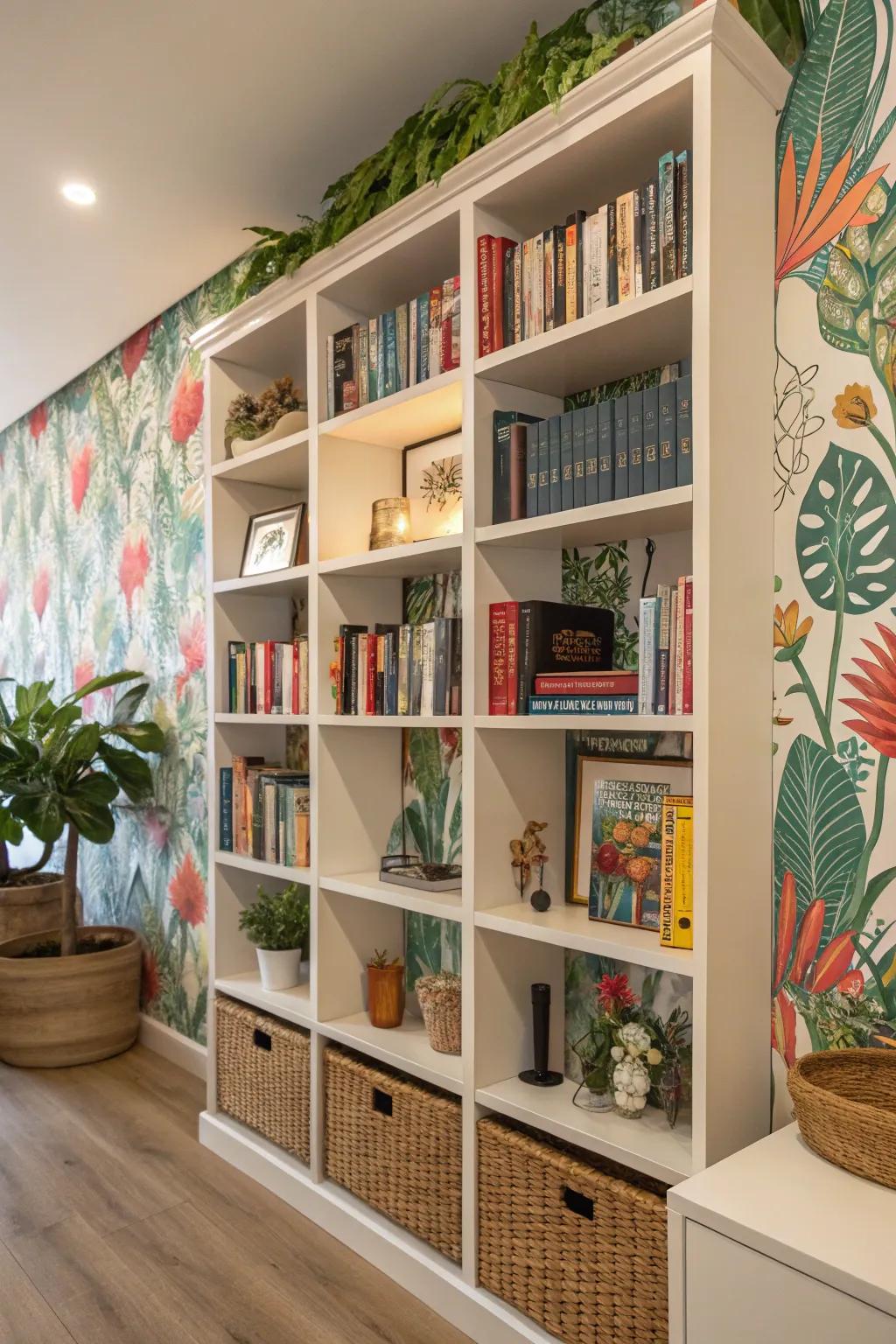 Wall covering contributes a delightful dash of color and patterns to your bookshelves.