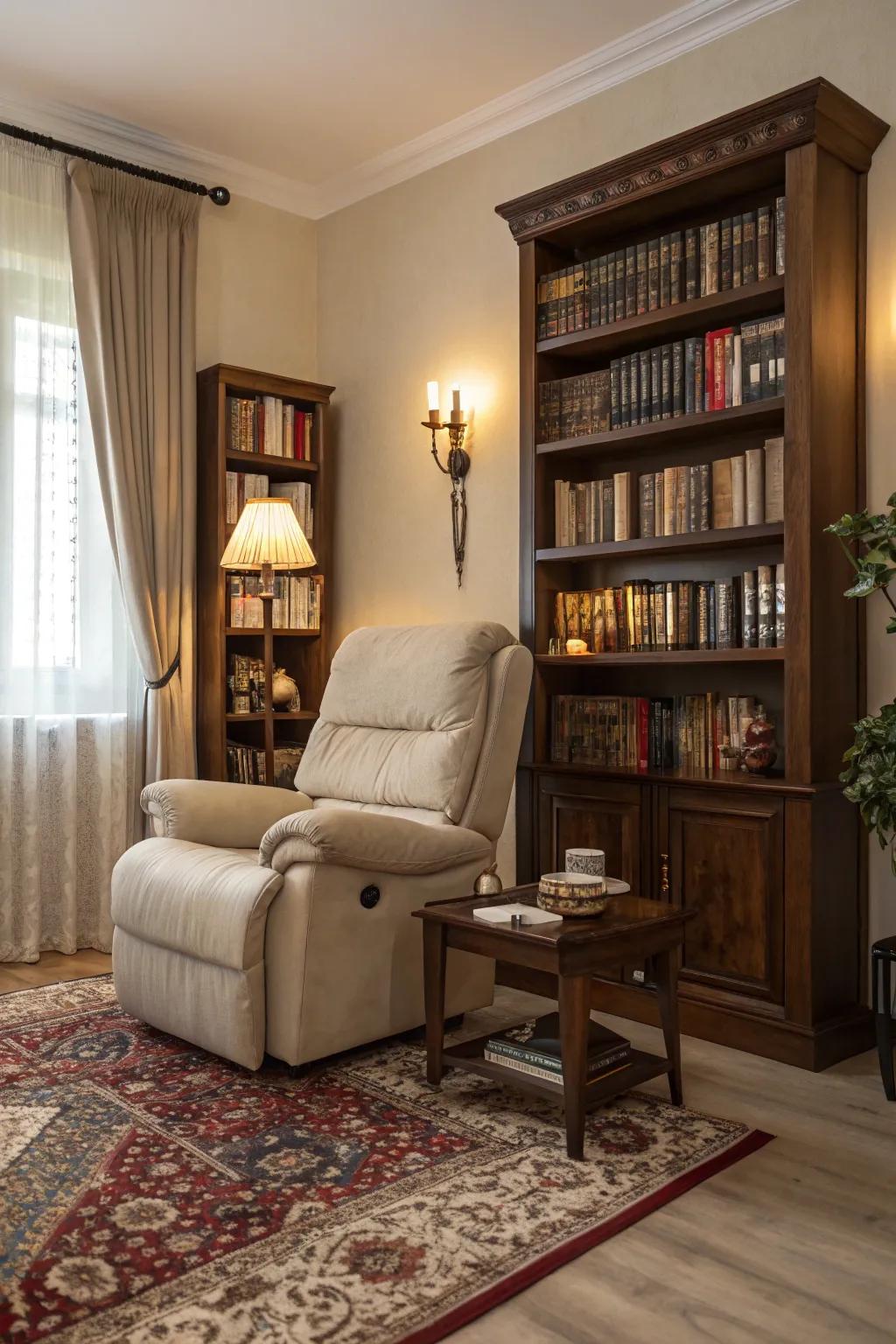 A sophisticated living space corner featuring a recliner and bookcase.