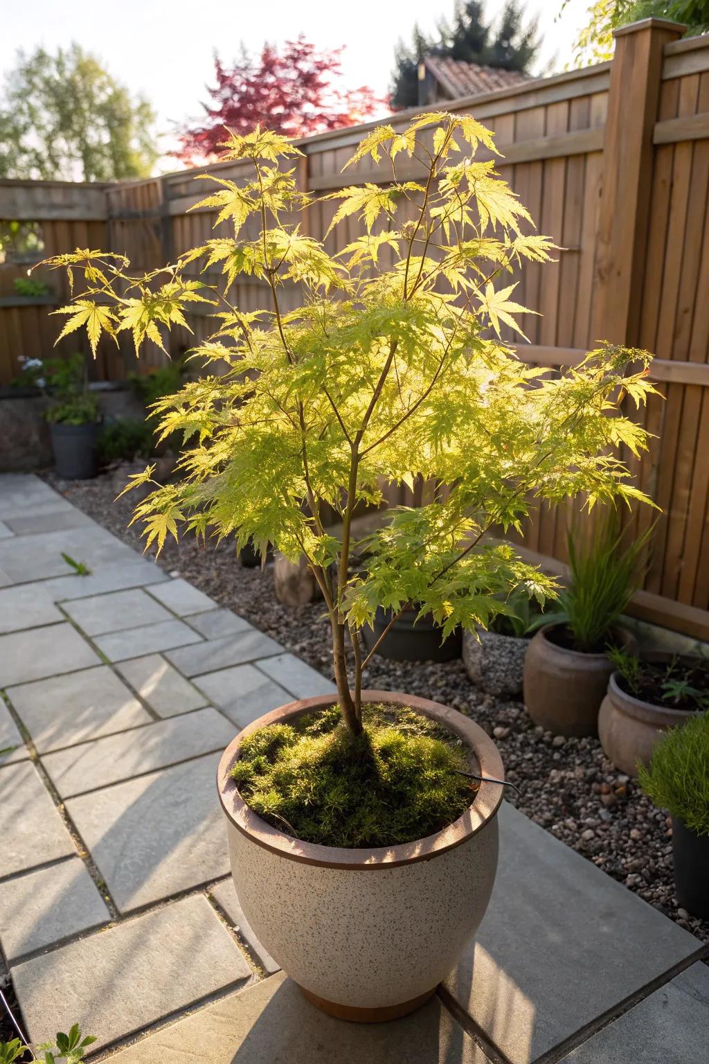 Japanese maple adding elegance in full sun.