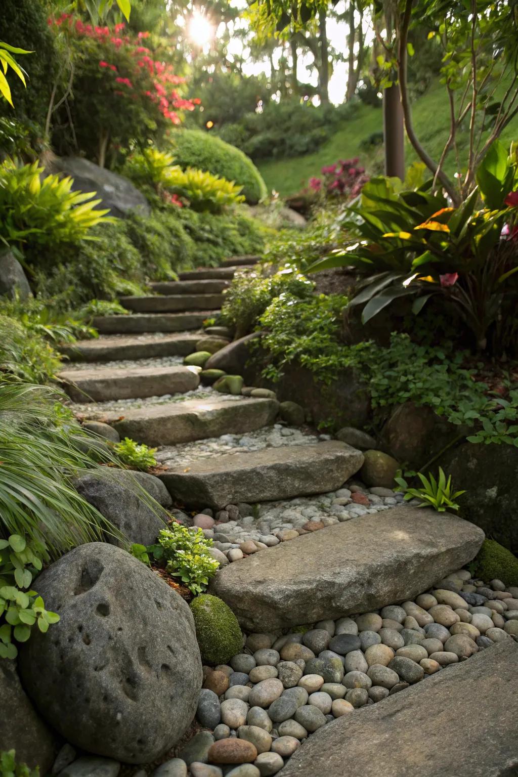 Improve and protect space steps with pebble stone edging.