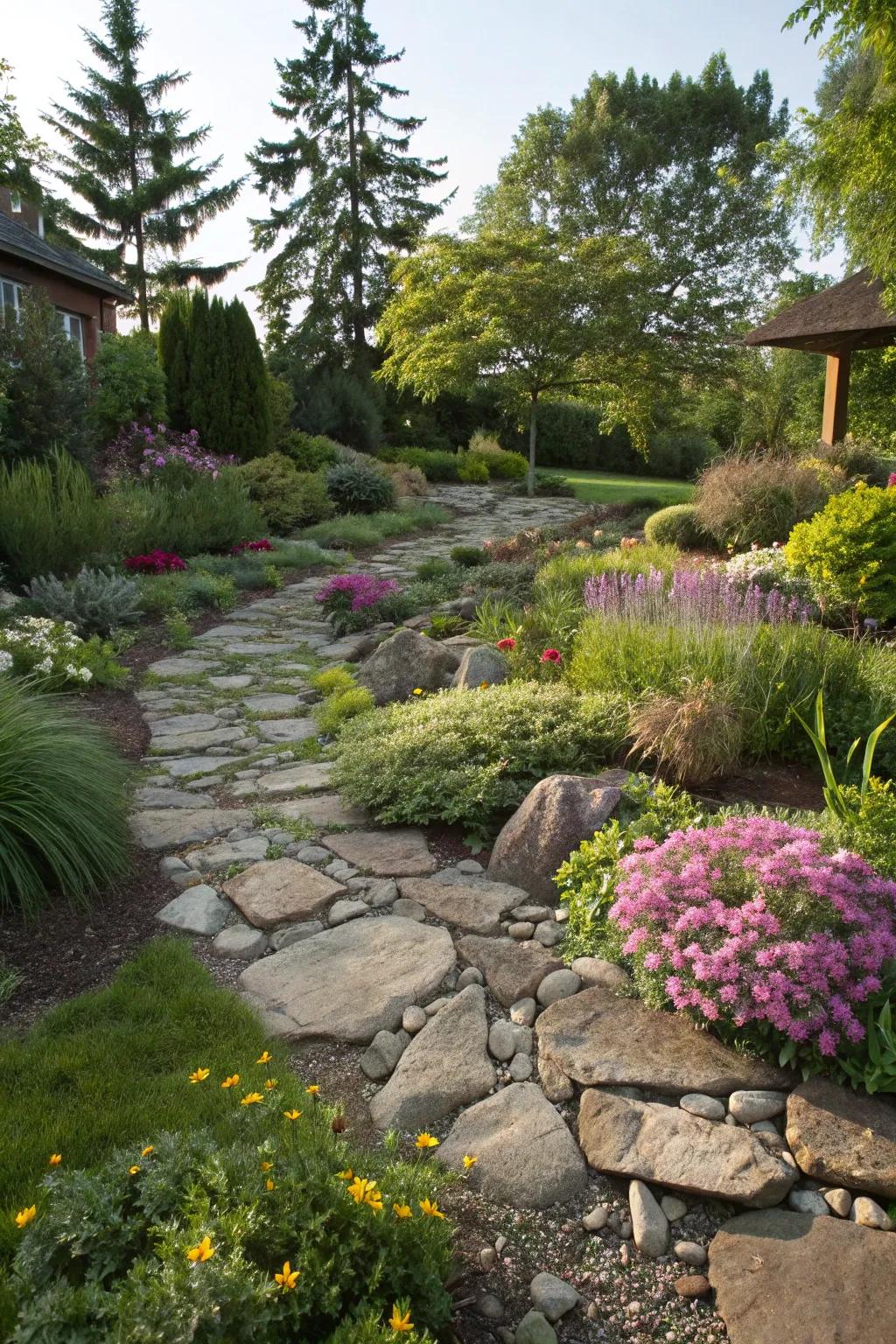 Stone ground covers for simple maintenance.