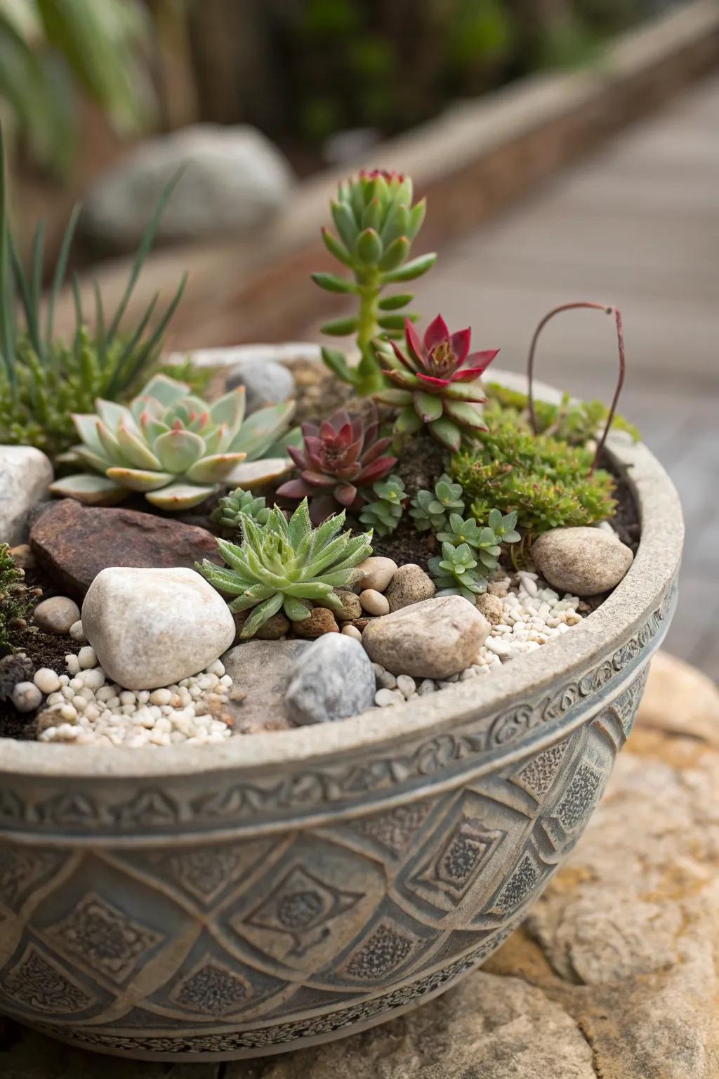 A scaled-down rockery in a pot is perfect for smaller spaces.